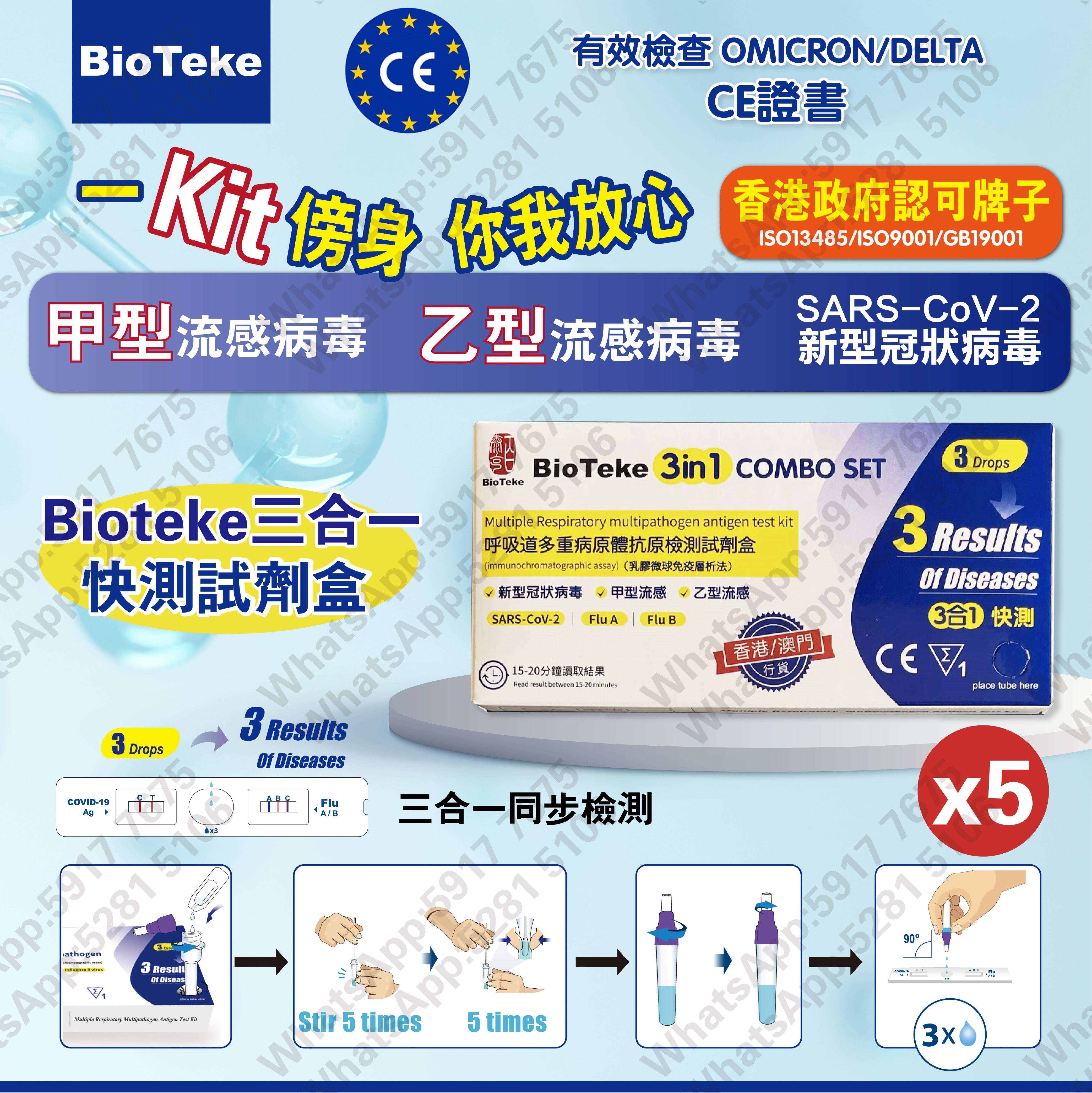 BIOTEKE-(5盒) (3合1) 新冠病毒/甲/⼄型流感快速抗原檢測試劑盒