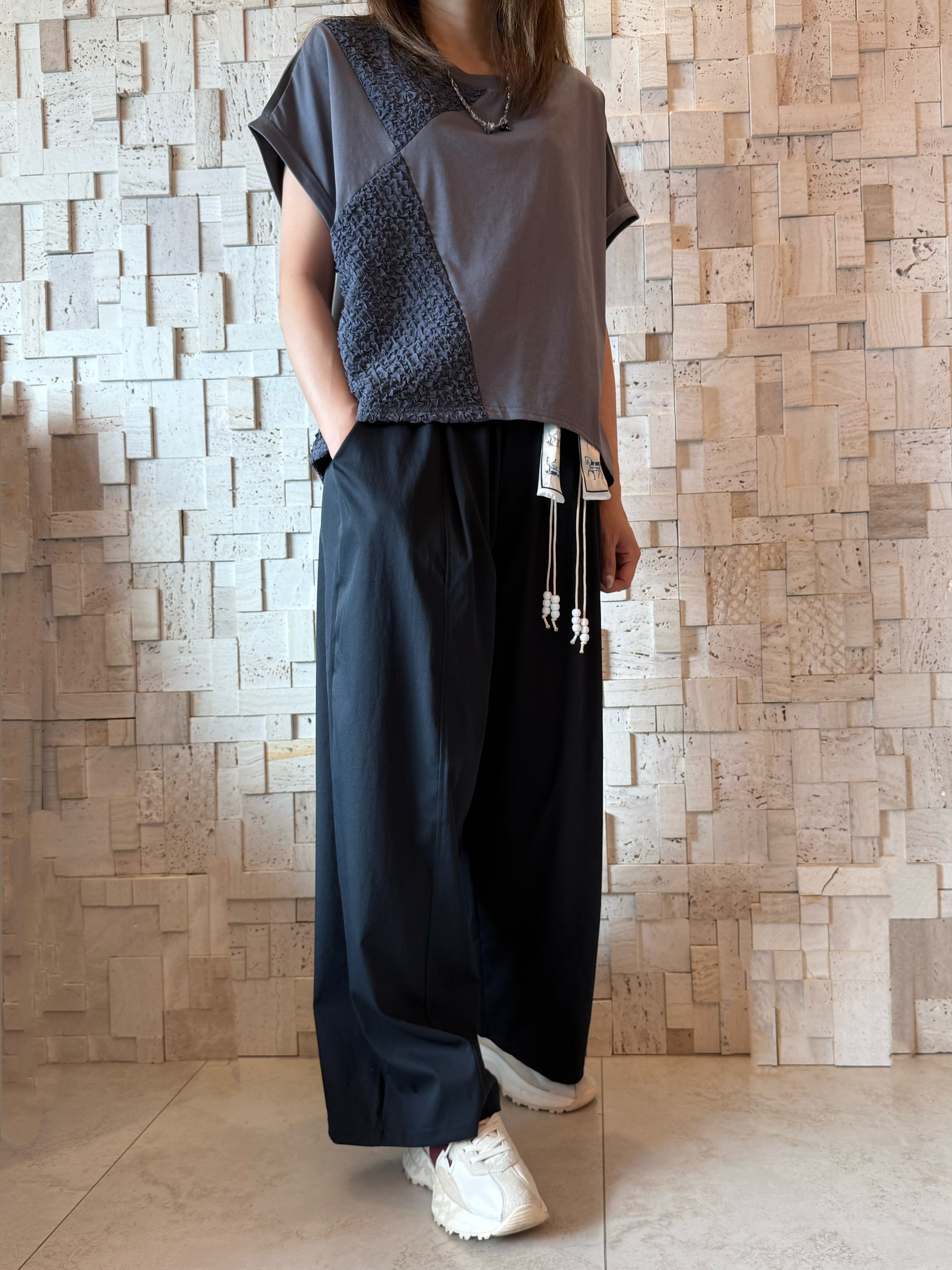 #2092 棉拼皺紋布拼接Top✨