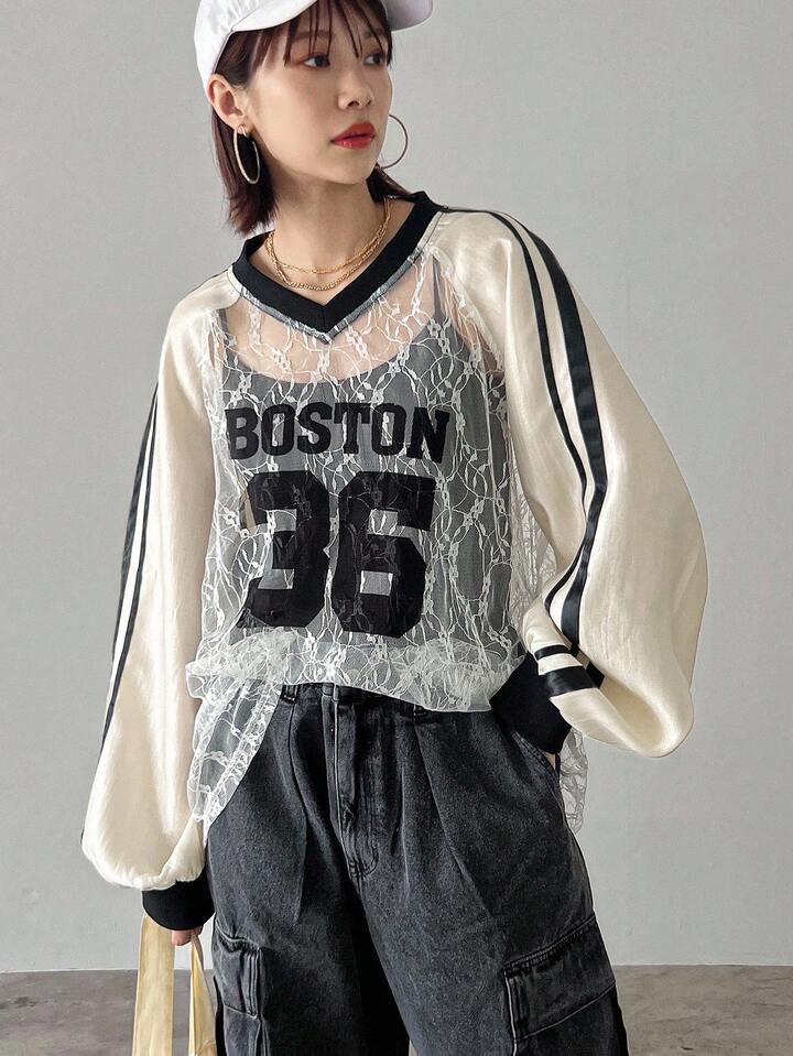 復古運動風數字印花薄紗上衣