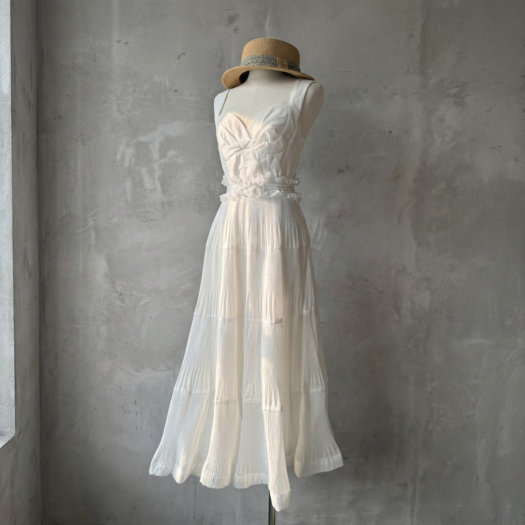 優雅白色連腰帶連衣裙(蕾絲花腰帶需另外購買)