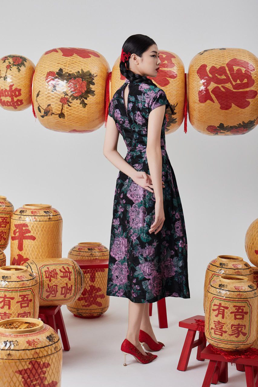 旗袍立领与斜襟盘扣连身裙 2118