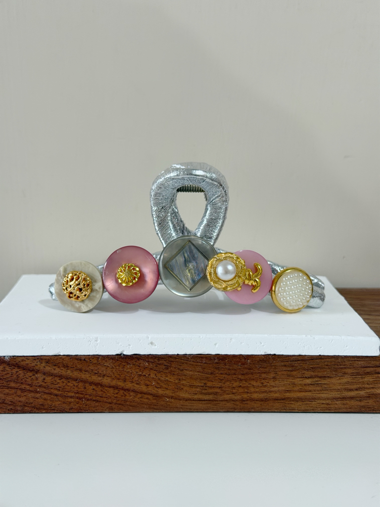 復古鈕扣髮夾/銀色系 11cm長