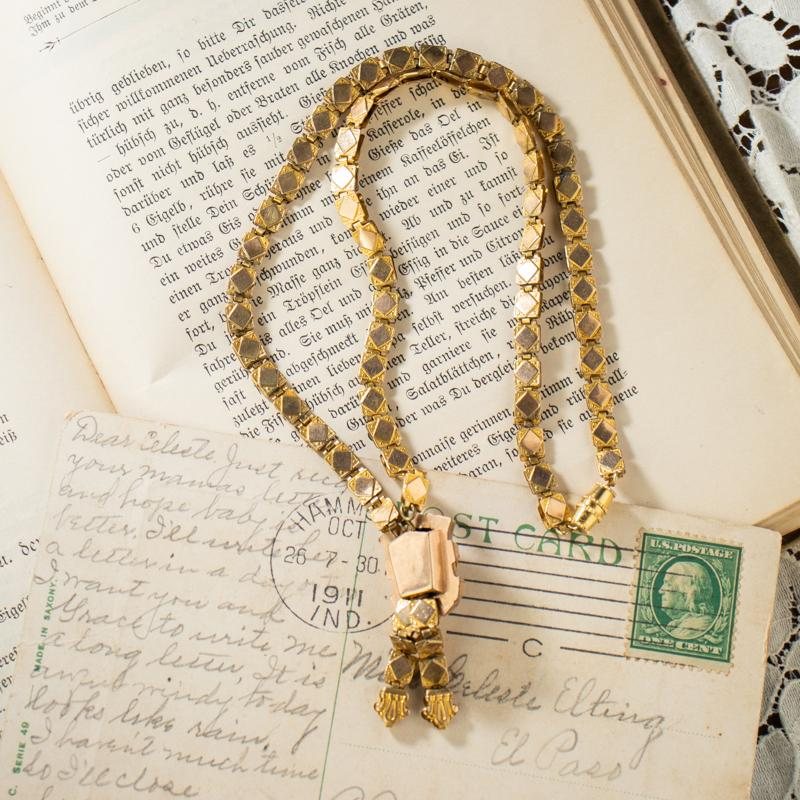 Antique Victorian Ruby Glass Book Chain Short Lariat Necklace (CA302)