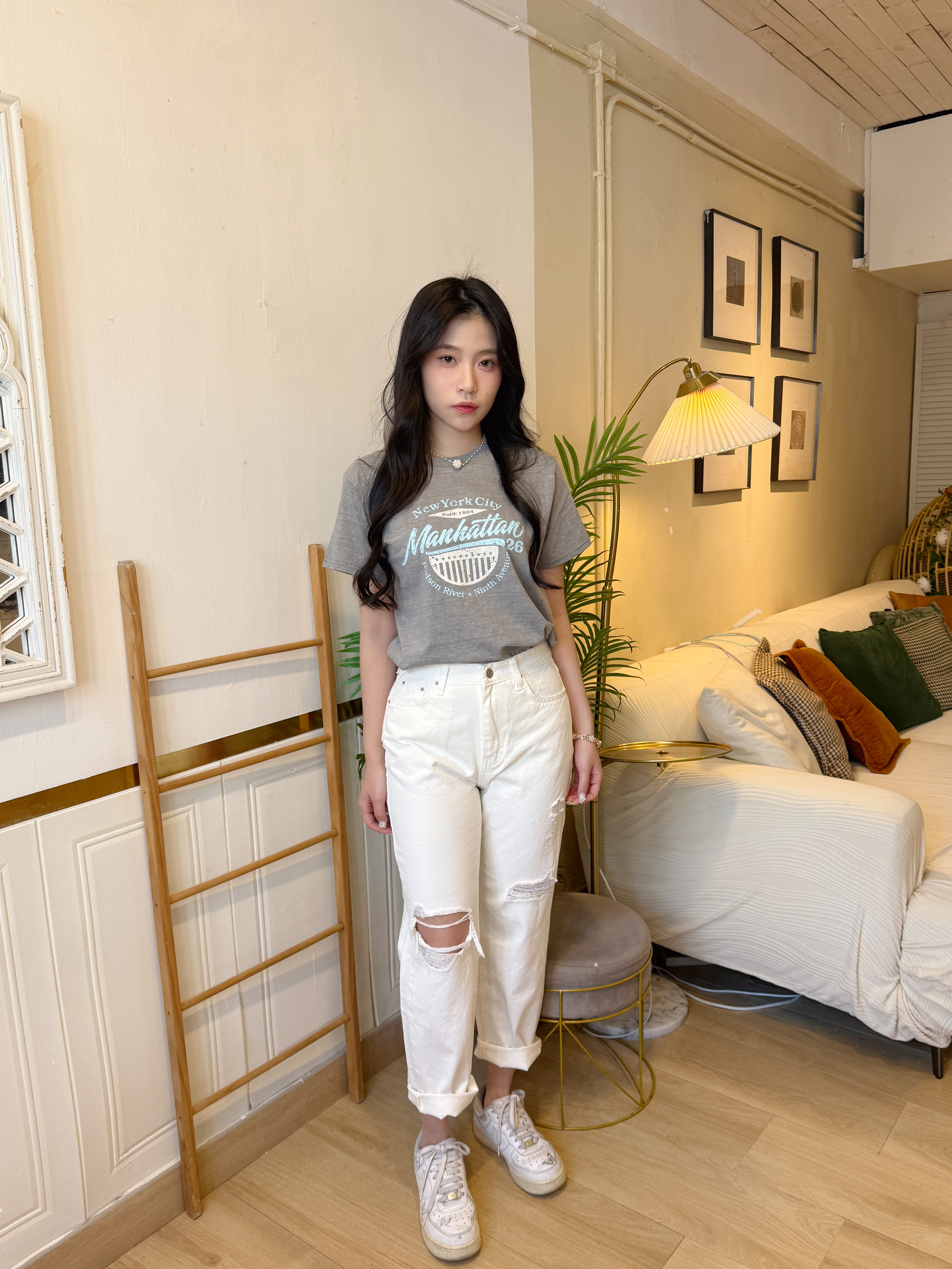 🇰🇷白色鬆身爛牛仔褲 