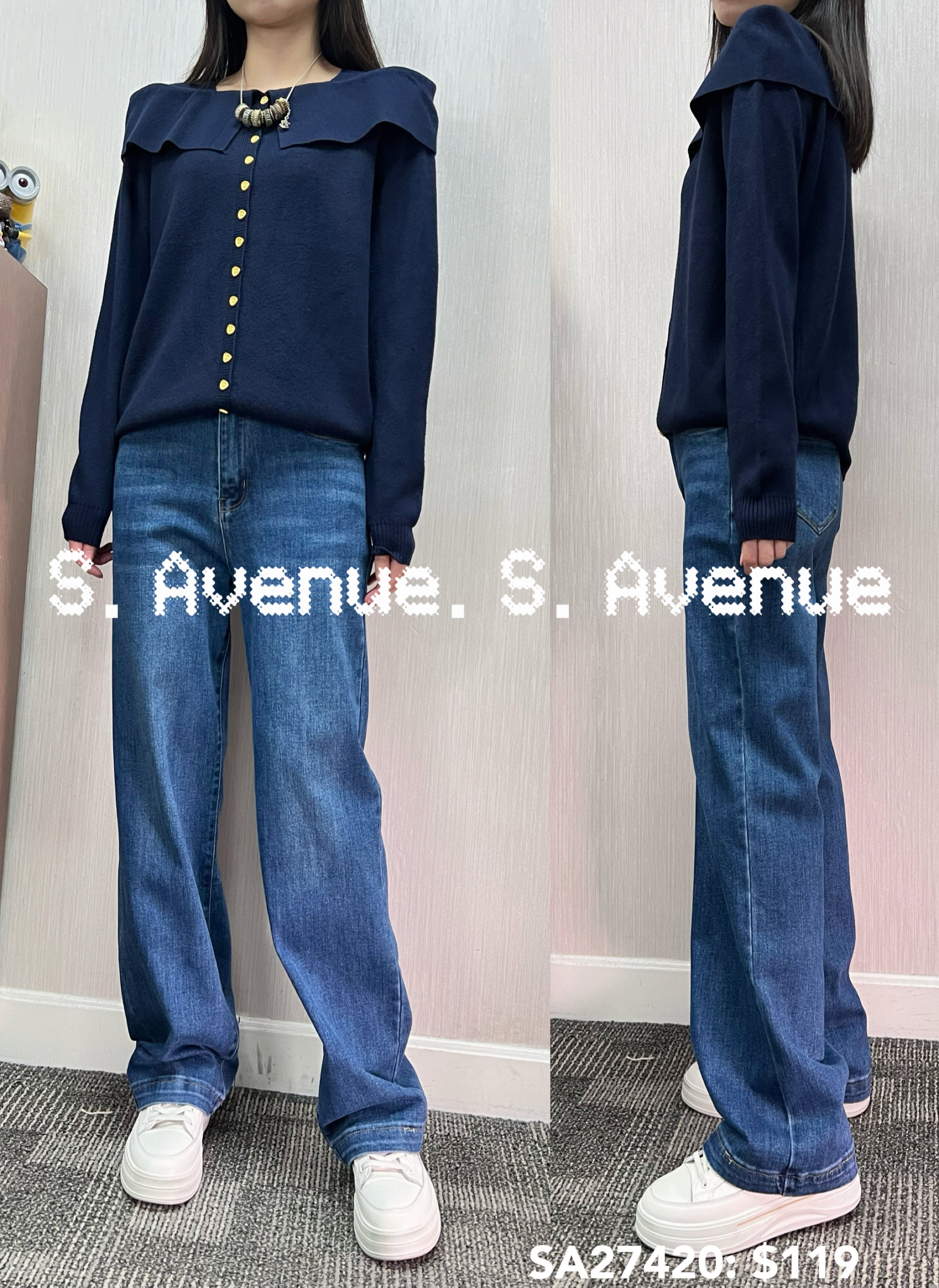 SA27420: 長袖方領假披肩有鈕top