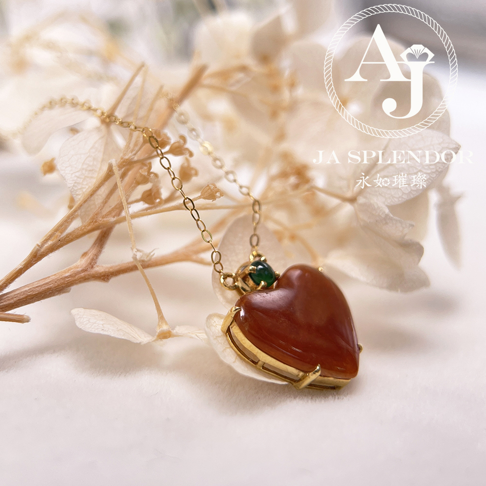 JNk-12 天然翡翠A玉 冰潤紅翡翠心心相印18K金吊墜連項鏈