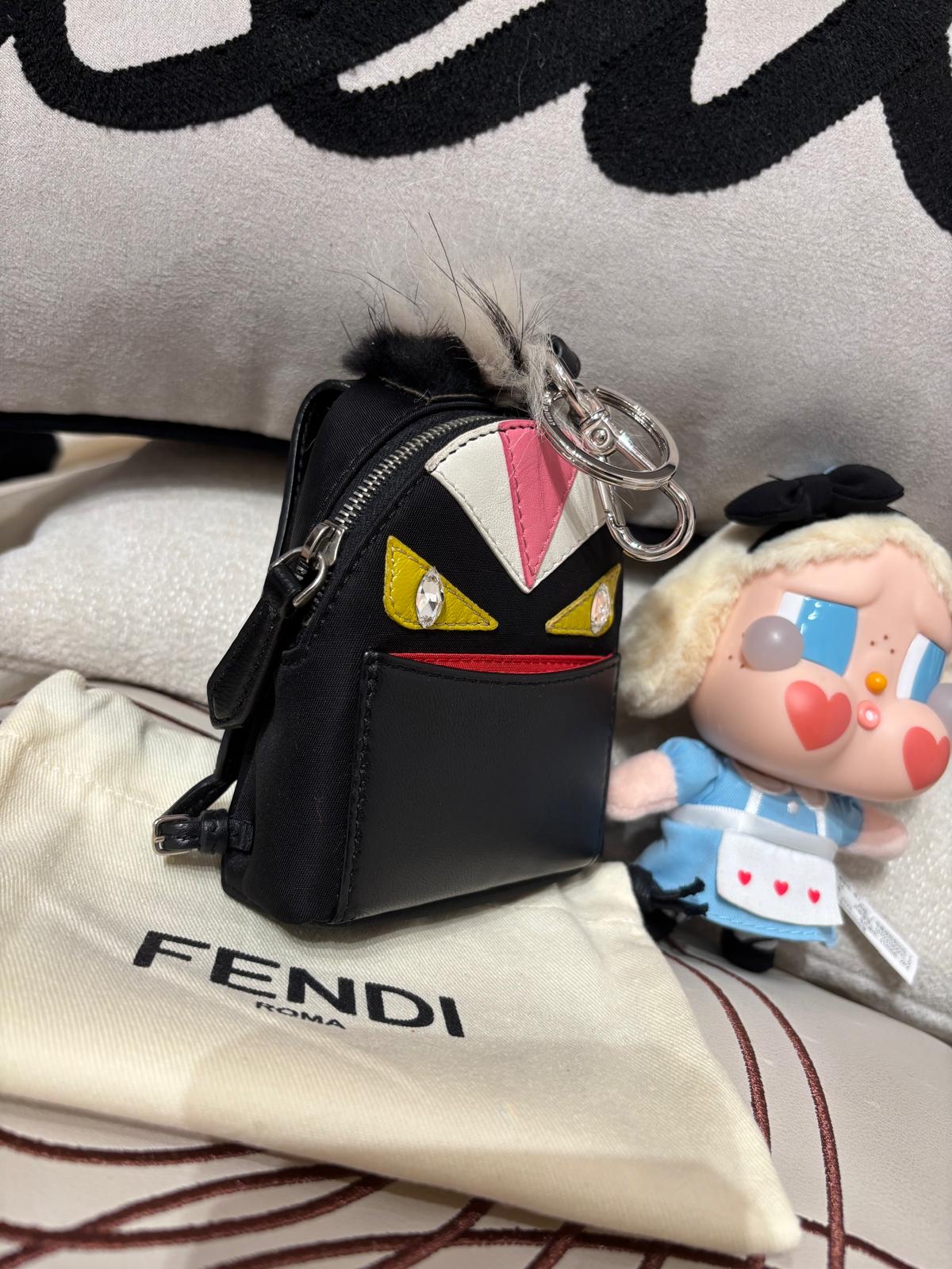 FENDI FUR MONSTER BACKPACK CHARM BLACK NYLON  100%Authentic,98%new✅dust bag  