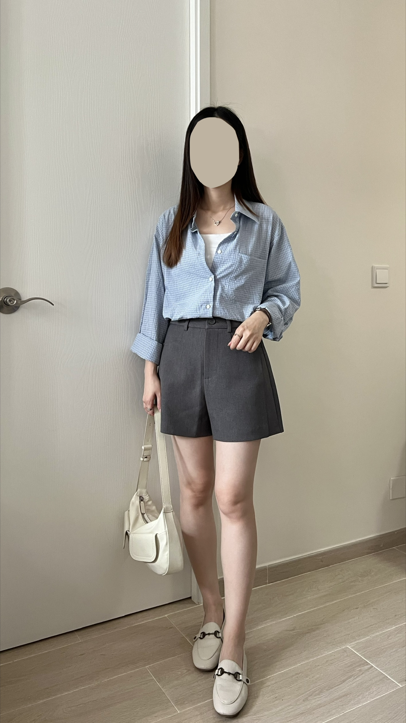 韓風細格紋薄恤衫 