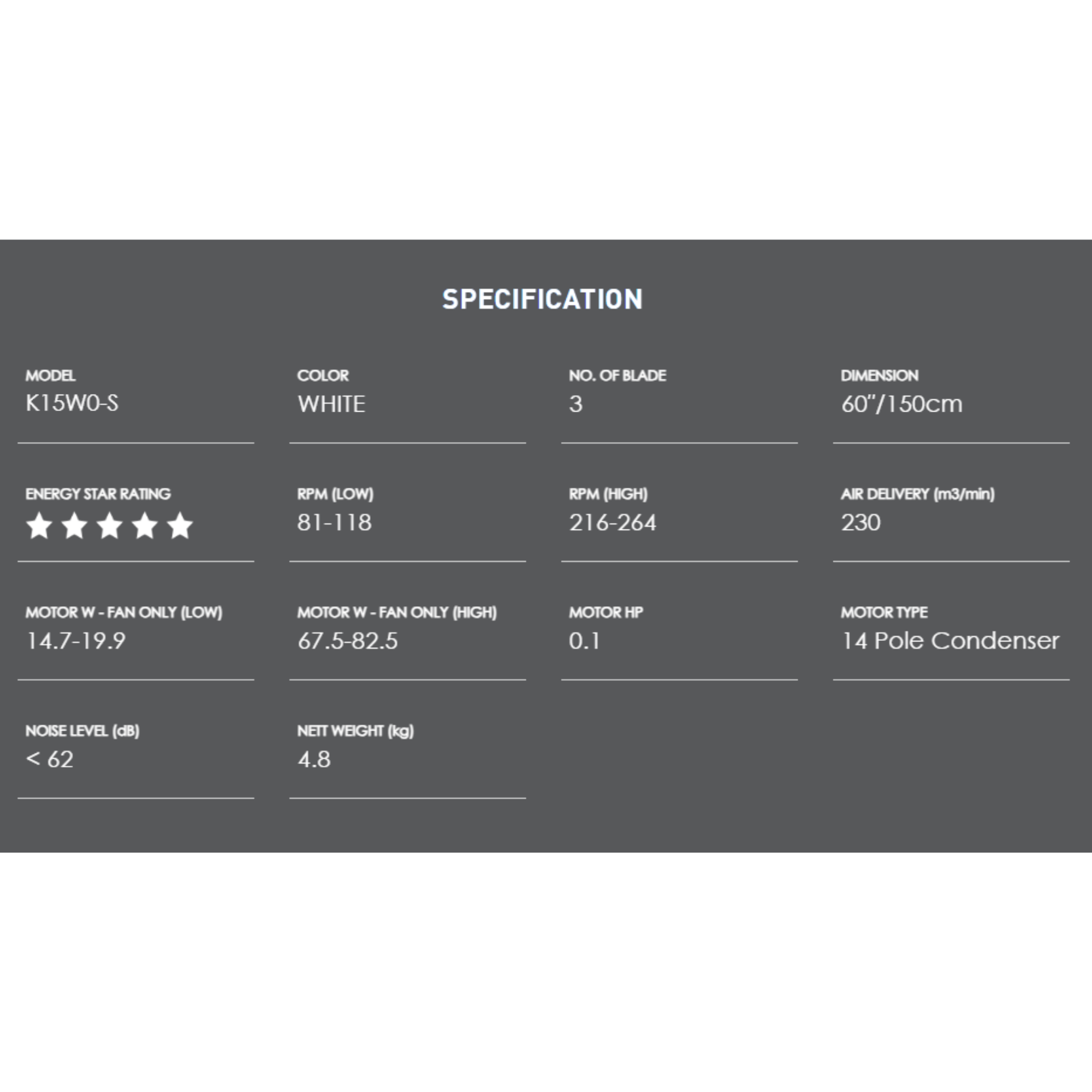 KDK 60" Ceiling Fan 3-Blade Regulator White (K15W0-S)
