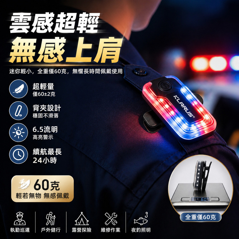 KLARUS WL6 多功能夾式肩燈｜一燈雙用，全天候安全警示+輔助照明！