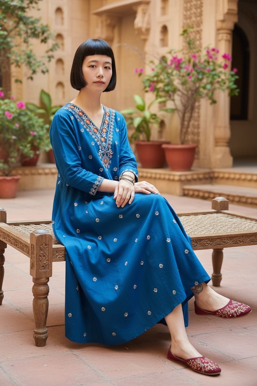 Blue Emb Big V Neck Cotton OP 46" #1051