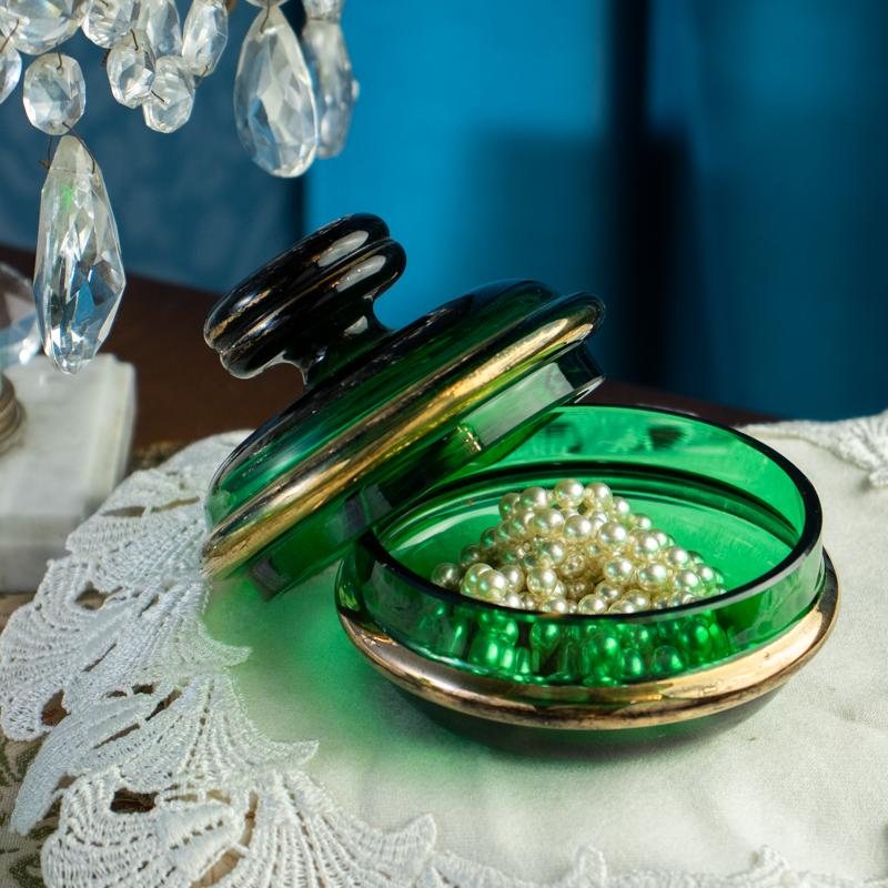 Vintage German Füger Taube 1947-1954 Art Deco Style Green Glass Dressing Table Set - Tray, Powder Box & Perfume Bottle (MX006)