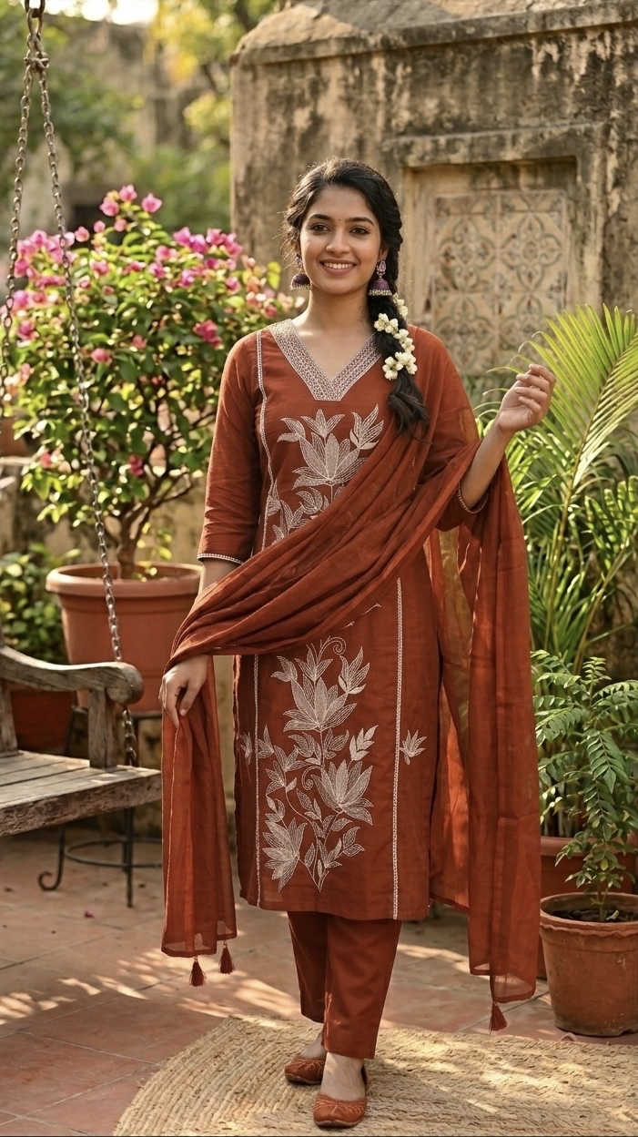 Rust Orange Embroidered Kurta set