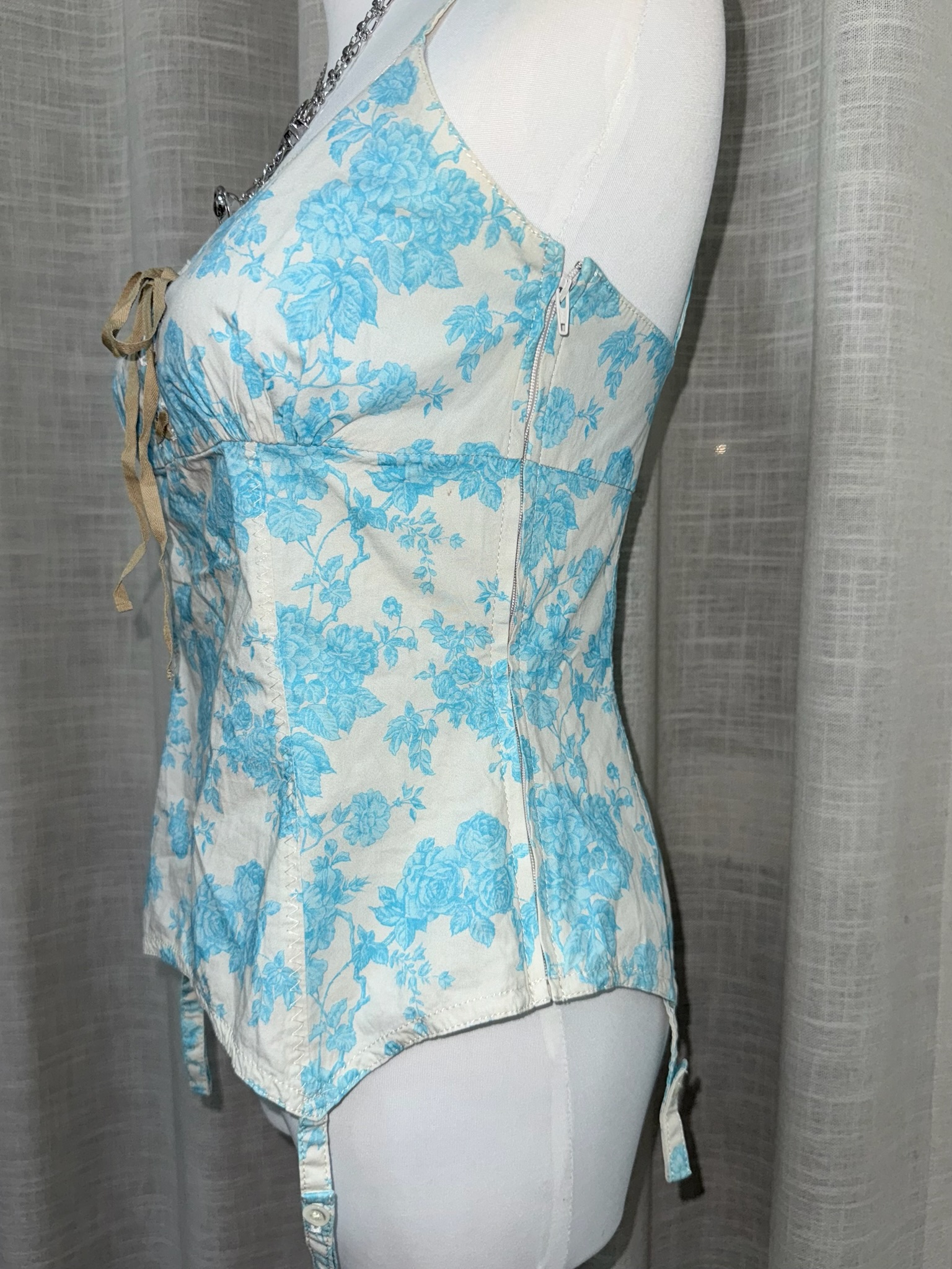 Vintage Rose Print Cami with Front Lace-up Detail and Faux Garter Straps