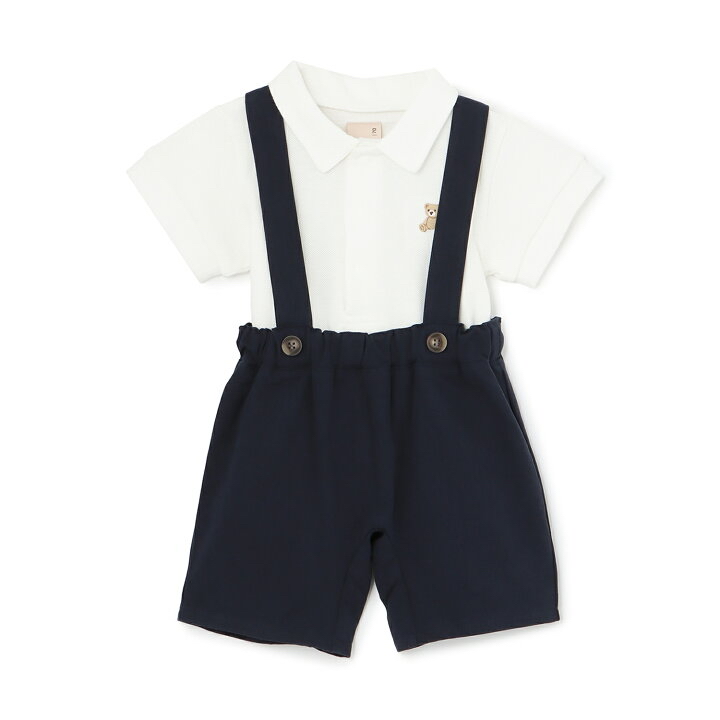 🇯🇵預訂 日本直送🇯🇵Petit Main兩色小熊刺繡翻領短袖包屁衣吊帶褲套裝