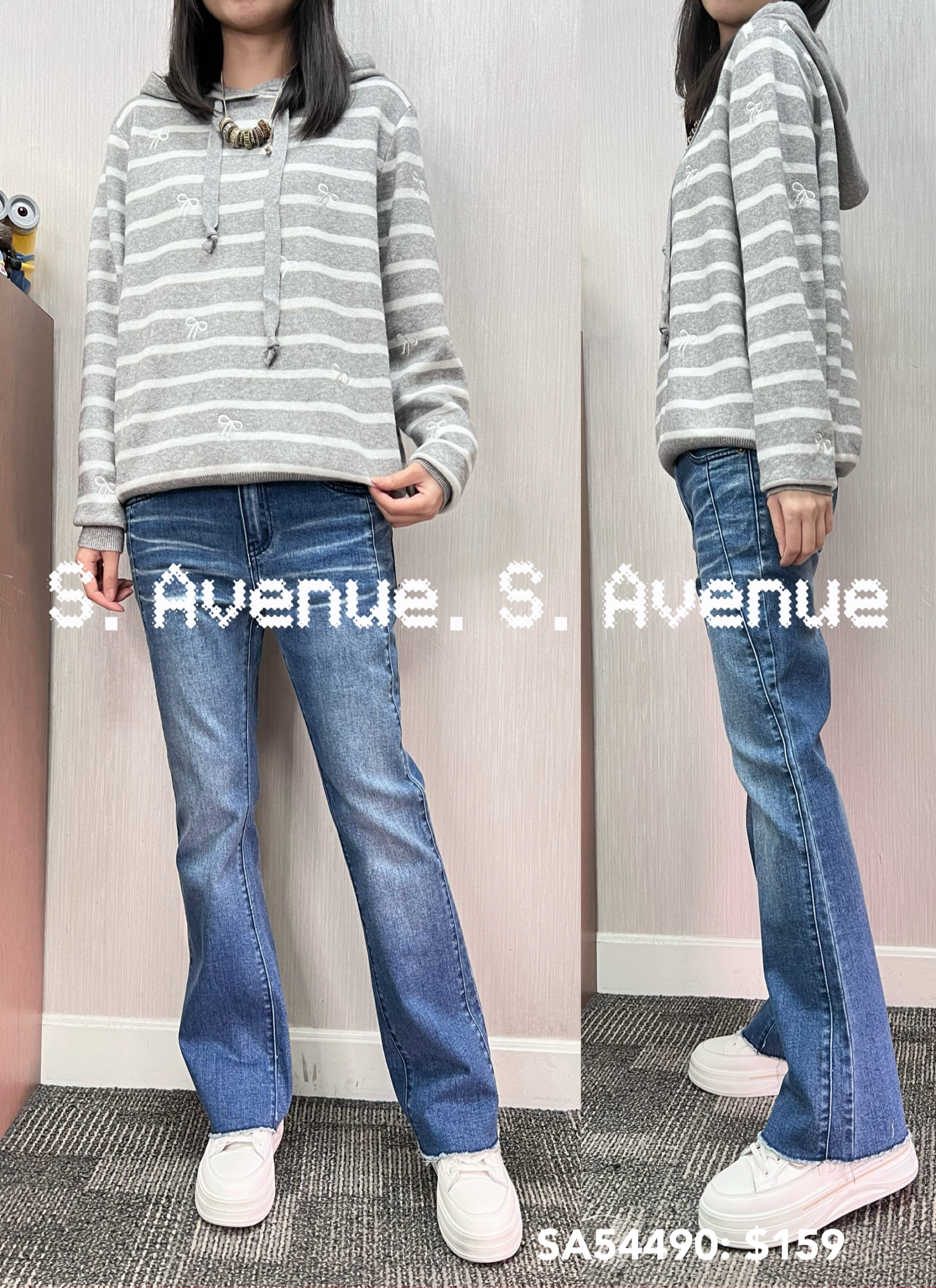 SA54490: 長袖有帽間條繡蝴蝶結冷top