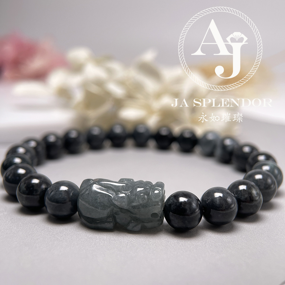 JN-3421 天然翡翠A玉 黑芝麻烏鷄招財鎮宅貔貅手串