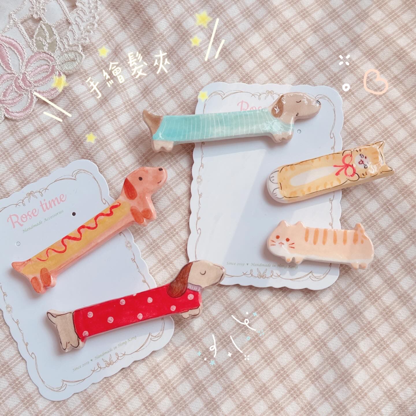 手繪長狗狗/短貓貓 髮夾