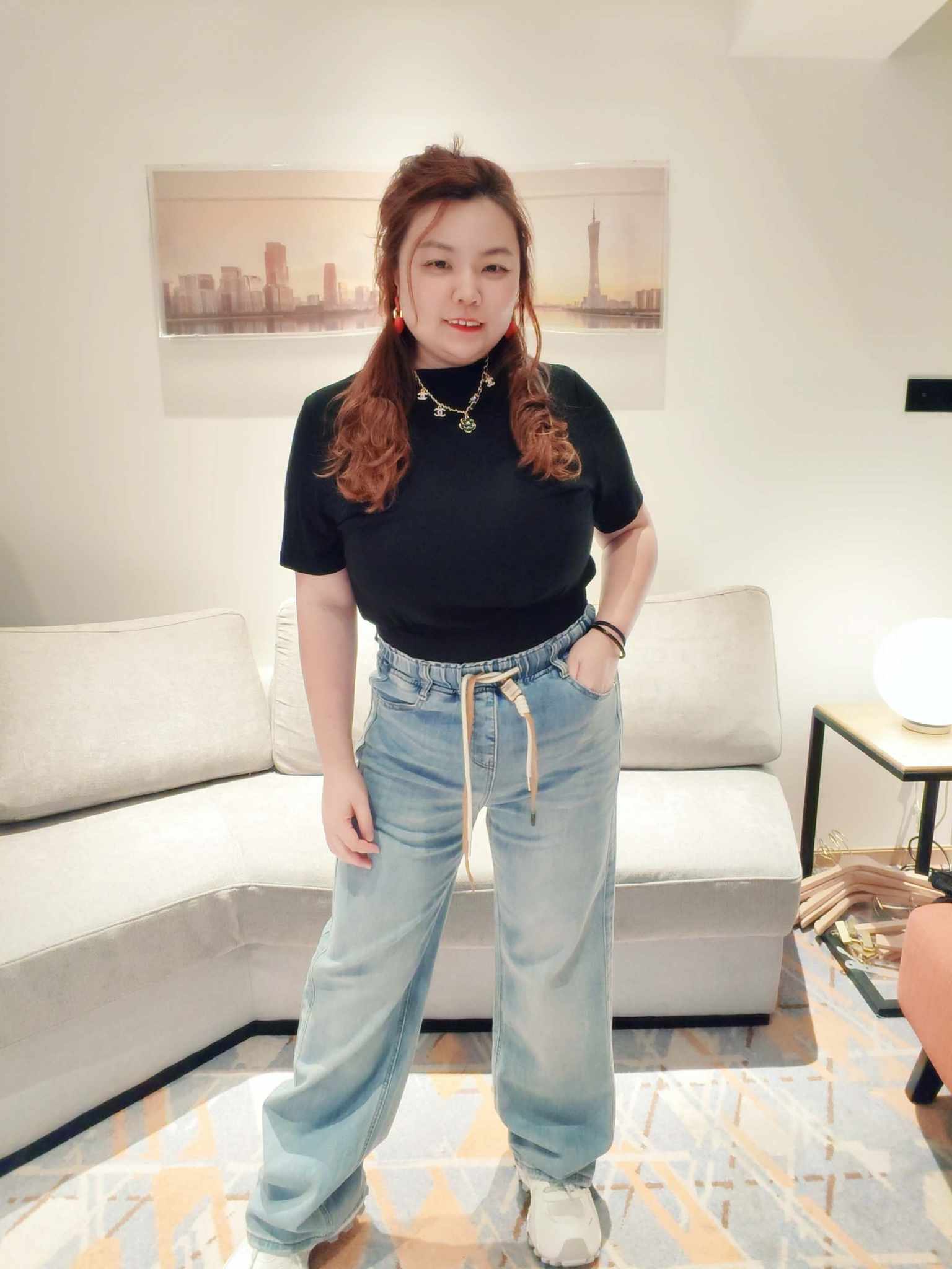 YCI05 C1039 松紧腰抽绳水洗阔脚牛仔长裤