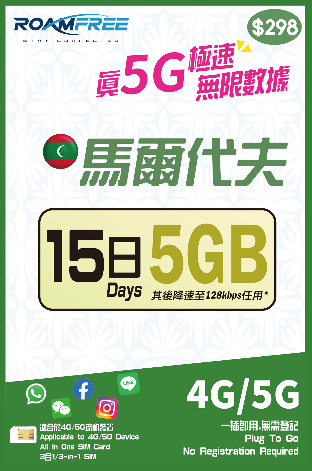 Roamfree X 3HK 4G/5G 馬爾代夫15日5GB無限數據卡