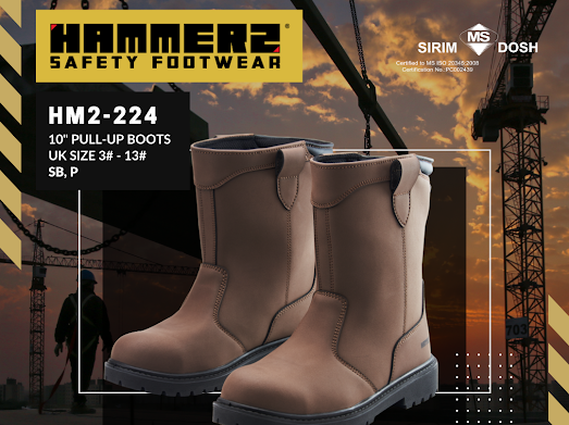 HAMMER2 HM2-224 10INCHES HIGH CUT PULL-UP SAFETY BOOTS SIRIM and DOSH Approved Outdoor Shoes Light Kasut Keselamatan