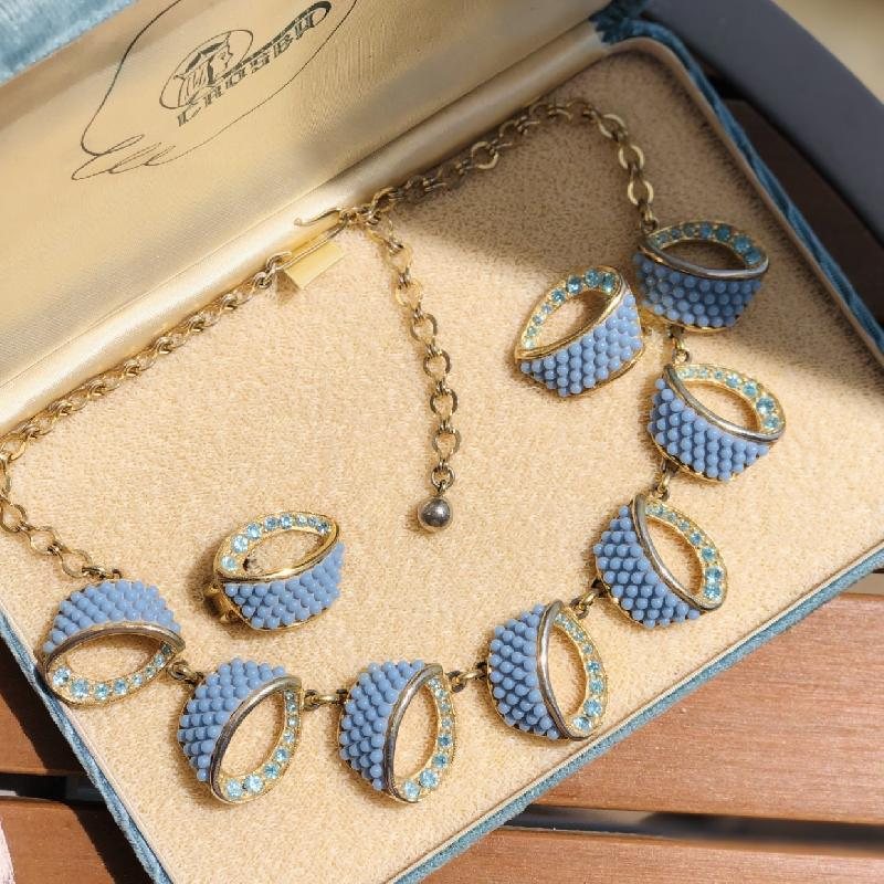 Vintage 1950-60s Styled by Crosby Baby Blue Rhinestone and Bead Necklace with Earrings Jewelry Set in Original Velvet Box(MT1730)