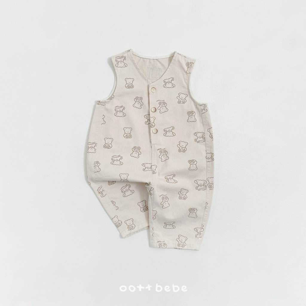 🌸預訂 韓國直送🌸🇰🇷OOTTBEBE兩色小熊滿印斜紋布牛仔背心連身褲