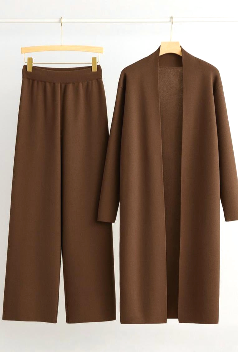Long Knitted Open Front Cardigan and Sleek Pants