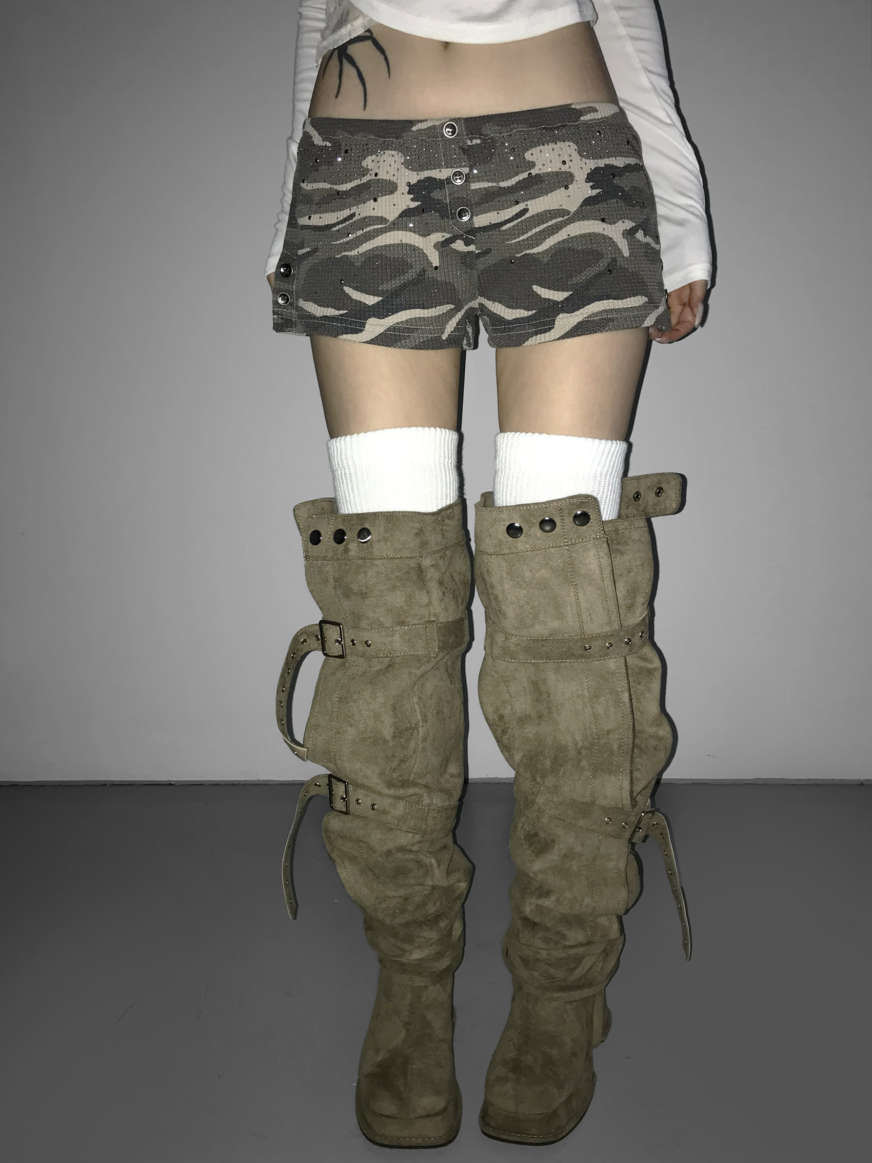 Waffle Knit Rhinestone Camo Shorts