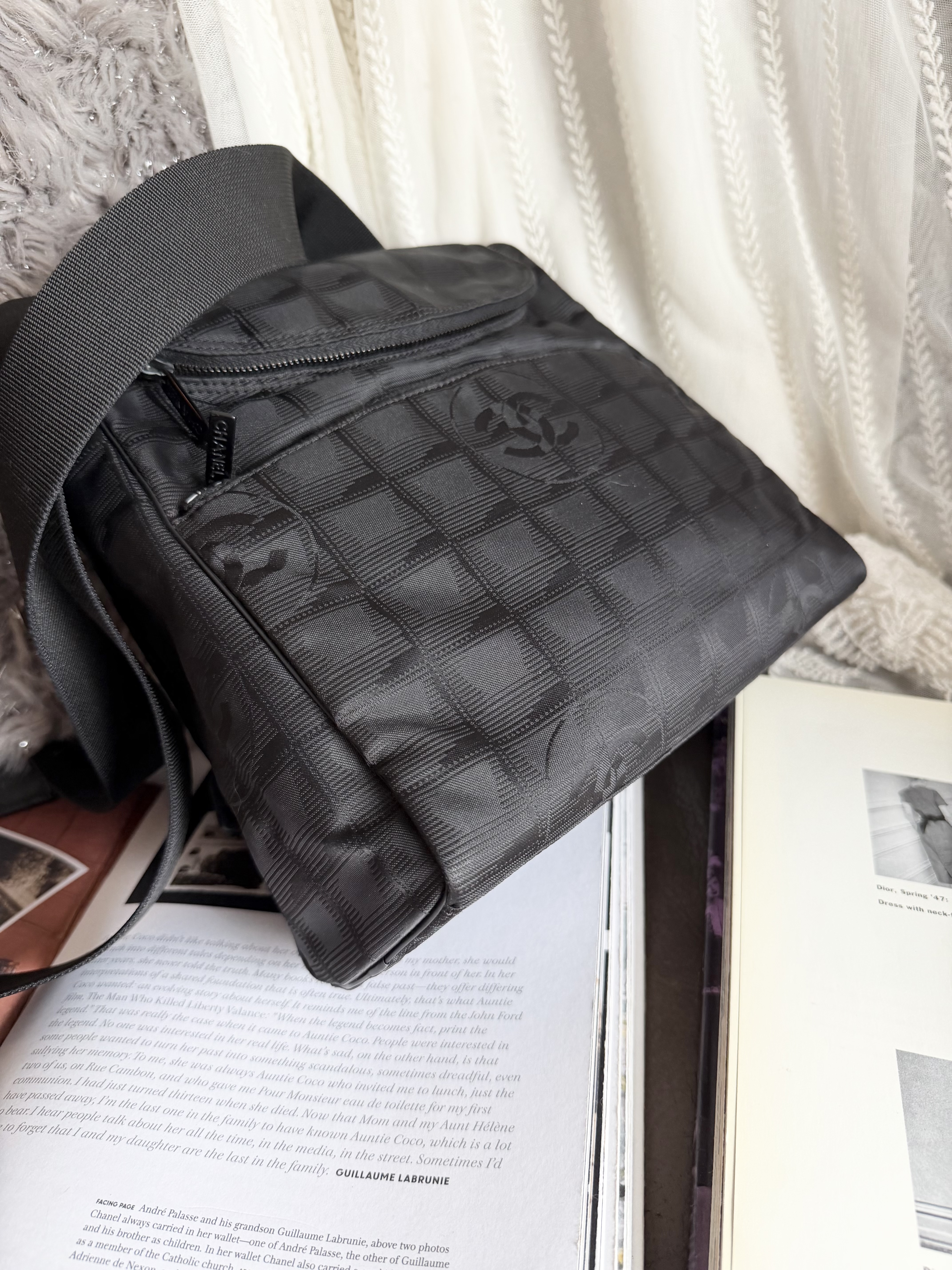 Vintage chanel black travel line backpack /shoulder bag 