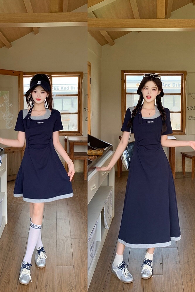 B280(64643长) 长款美式甜酷风假两件撞色单边扣带领灰拼蓝连身裙 