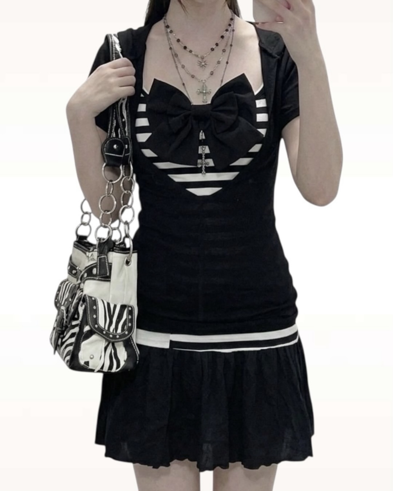 Black Hooded Ruffled Bow Striped Dress Set