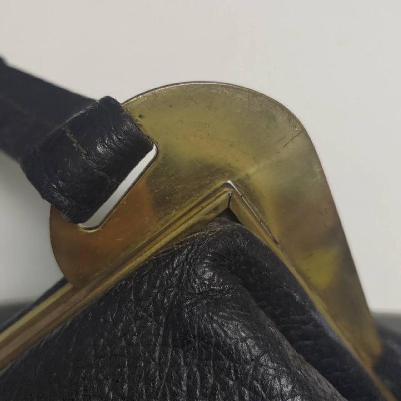 RARE! C.a. 1950s Horn Shaped Hardware Black Faux leather Large Handbag with Dotty Fabric Lining from Germany(NA0636)