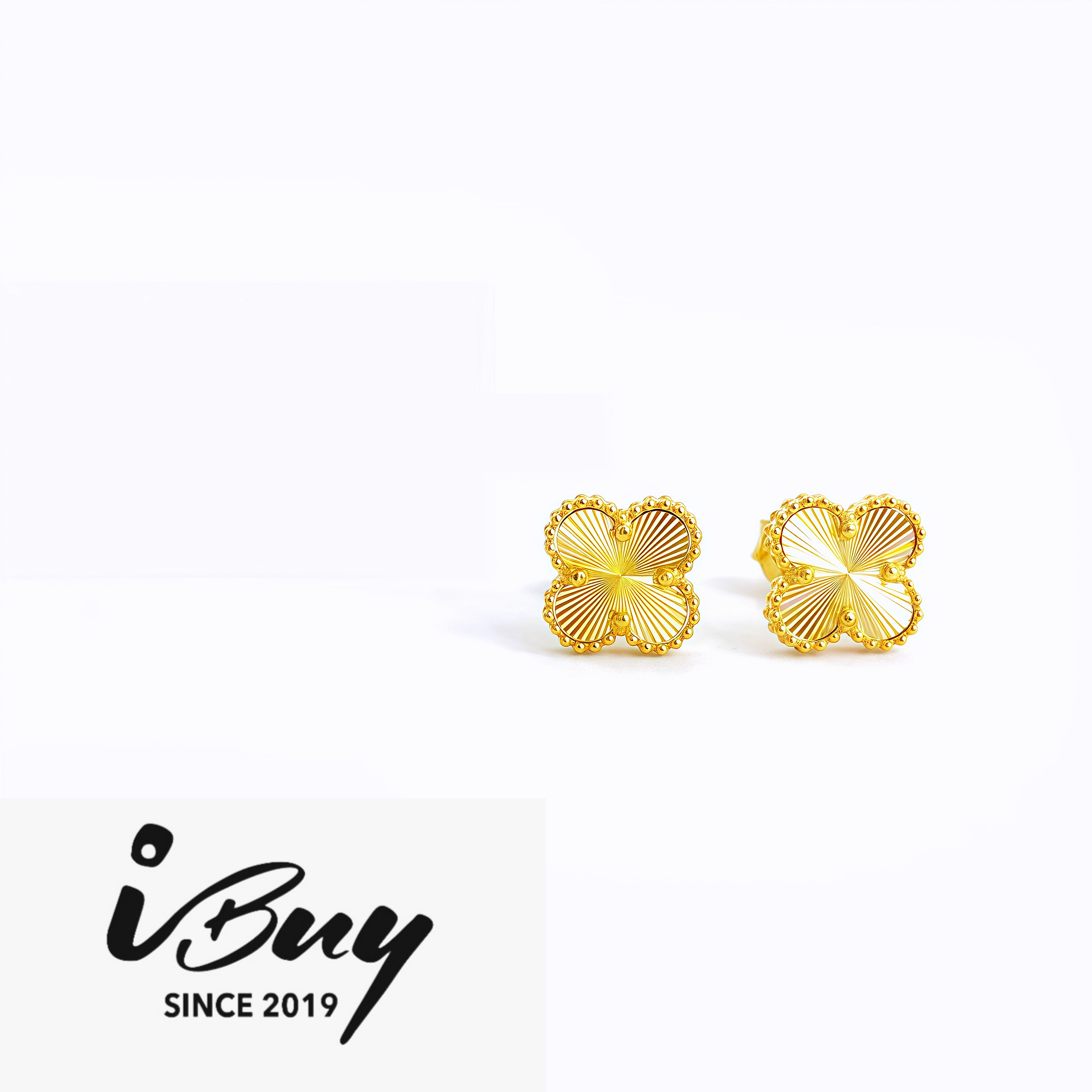 916 GOLD 8MM NORTHERN LIGHT VCA EARRING 916 金 8MM北极光花边四叶草耳钉