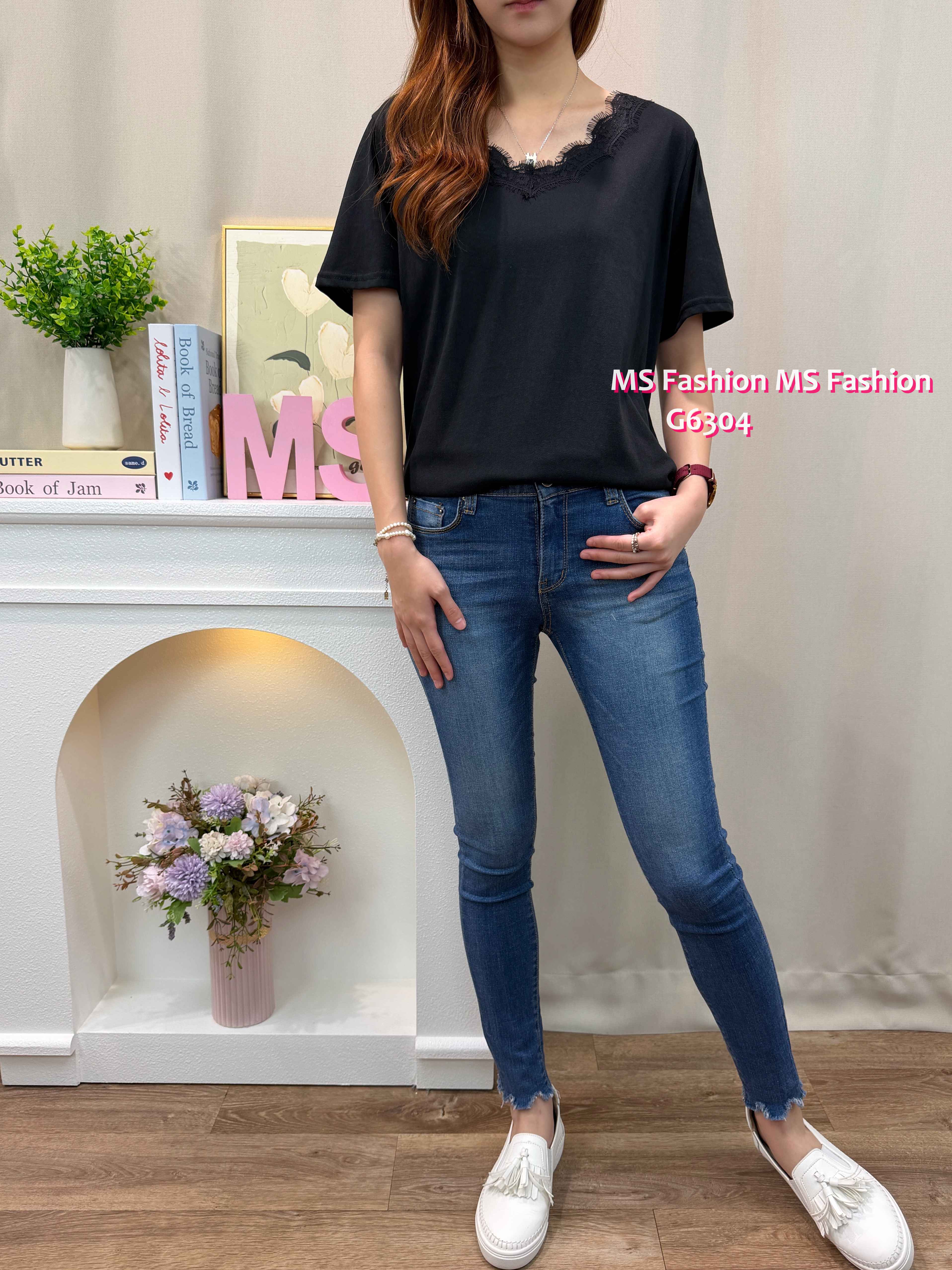 G6304 V領拼lace top