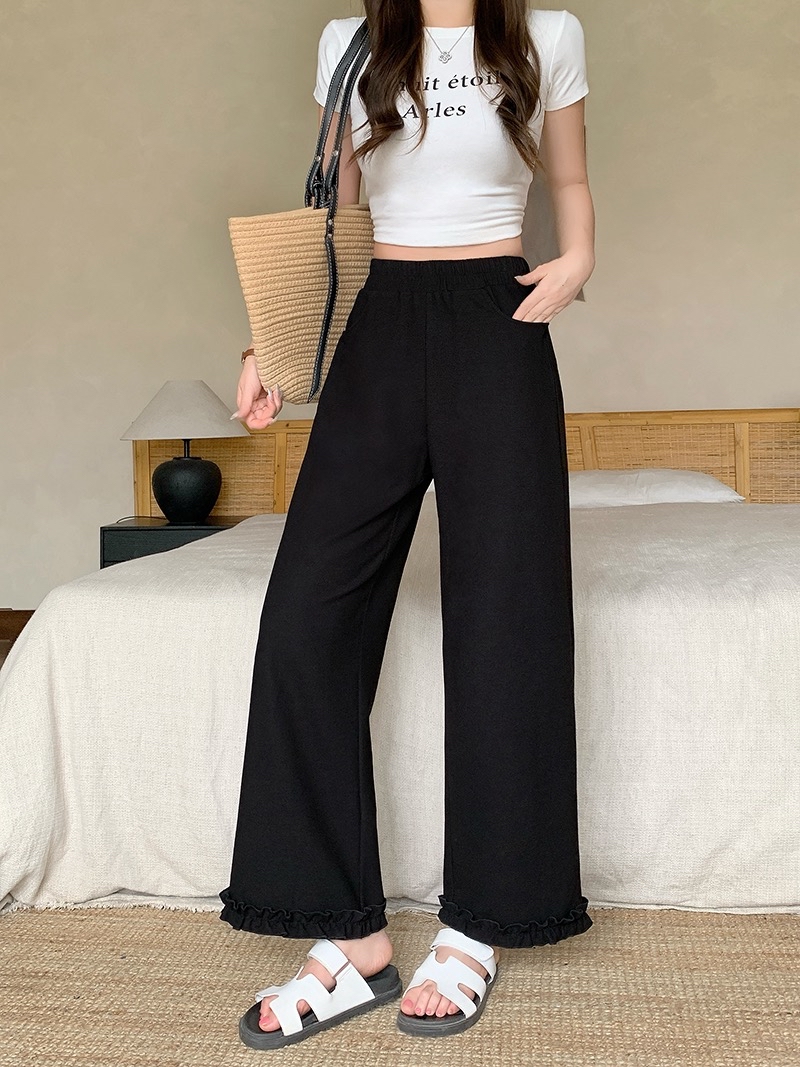 B146(24079) 韩版松紧腰休闲气质拼裤脚木耳边黑直筒长裤