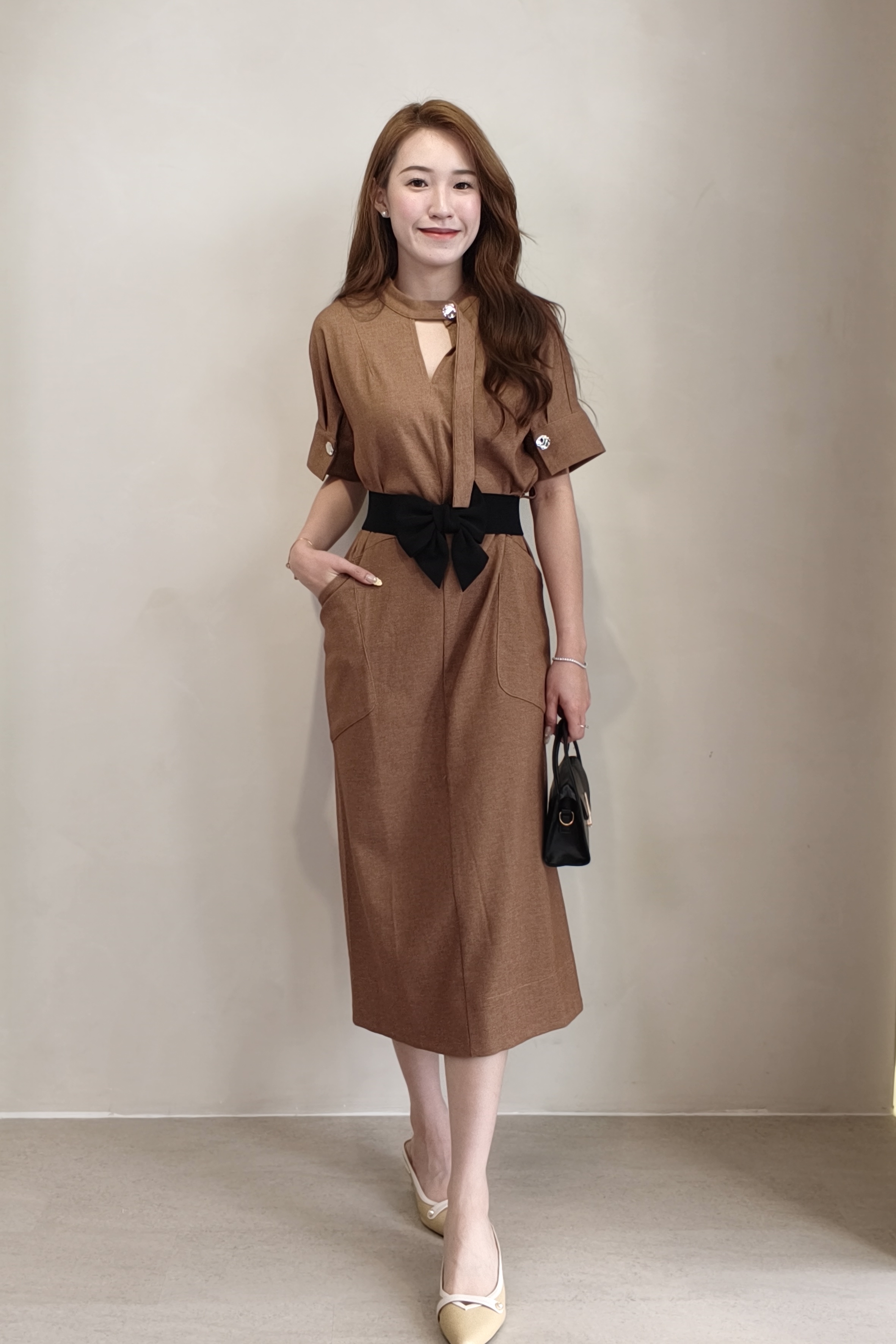 E8274BD Belted Mandarin Collar Dress
