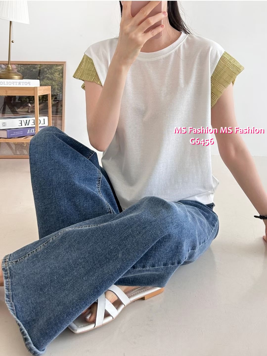 G6456 拼網格袖top