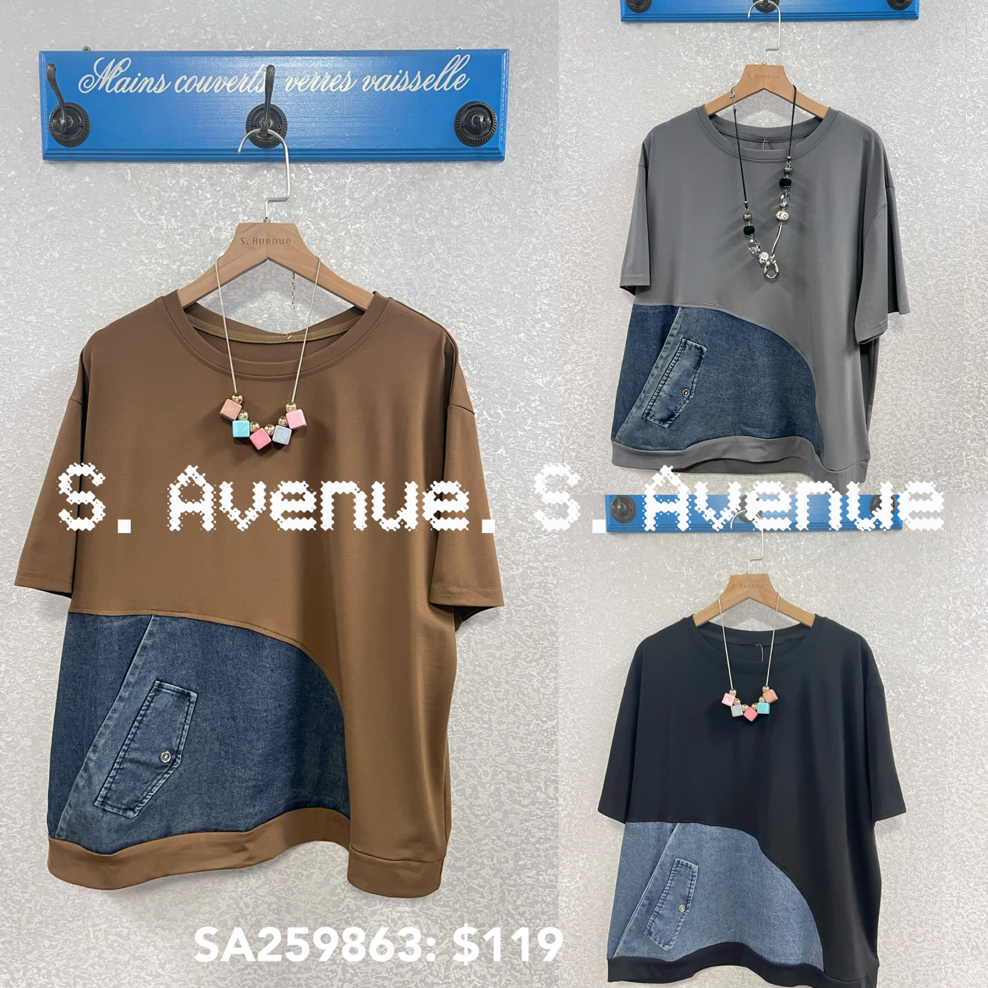 SA259863: 短袖拼牛仔tee