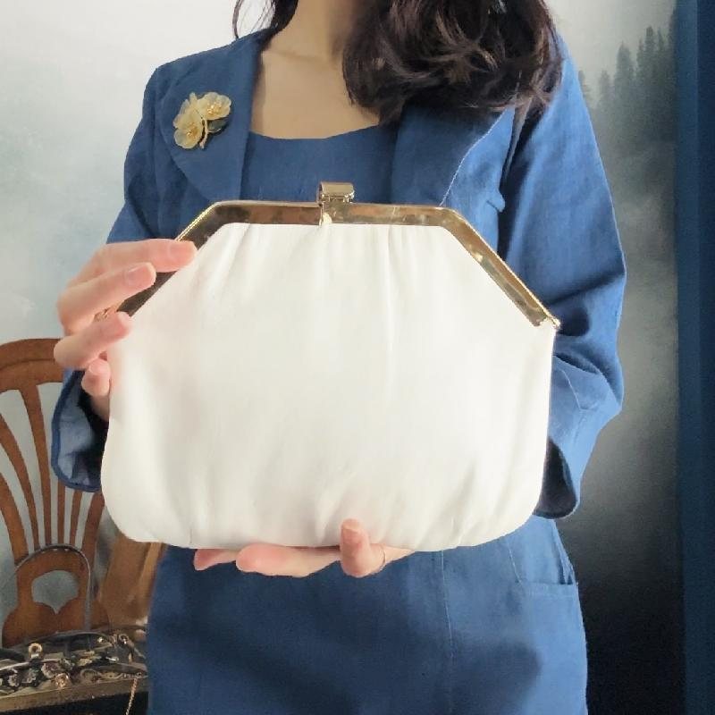 Vintage Mid-century White Genuine leather Diamond Shape Frame Two-Way Bag (MT2503)