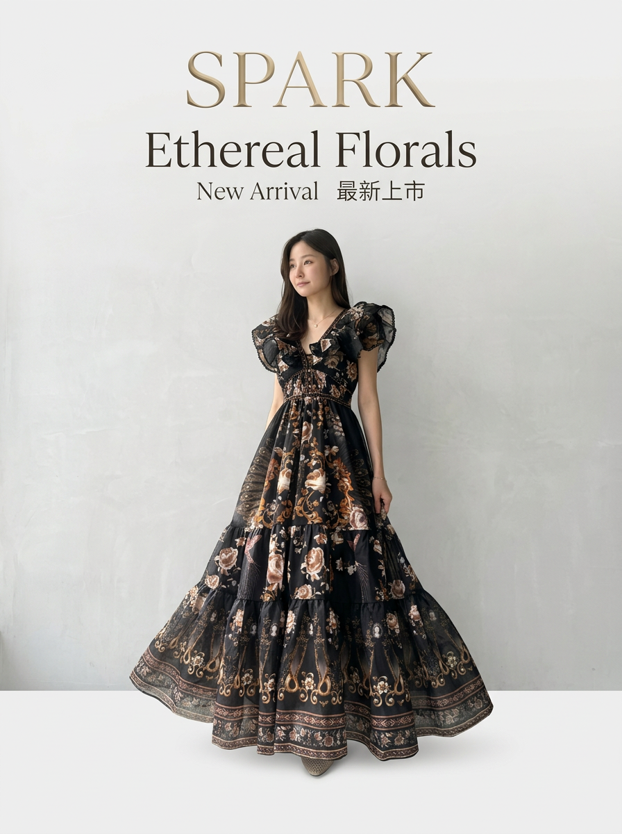 復古花卉印花荷葉邊長洋裝