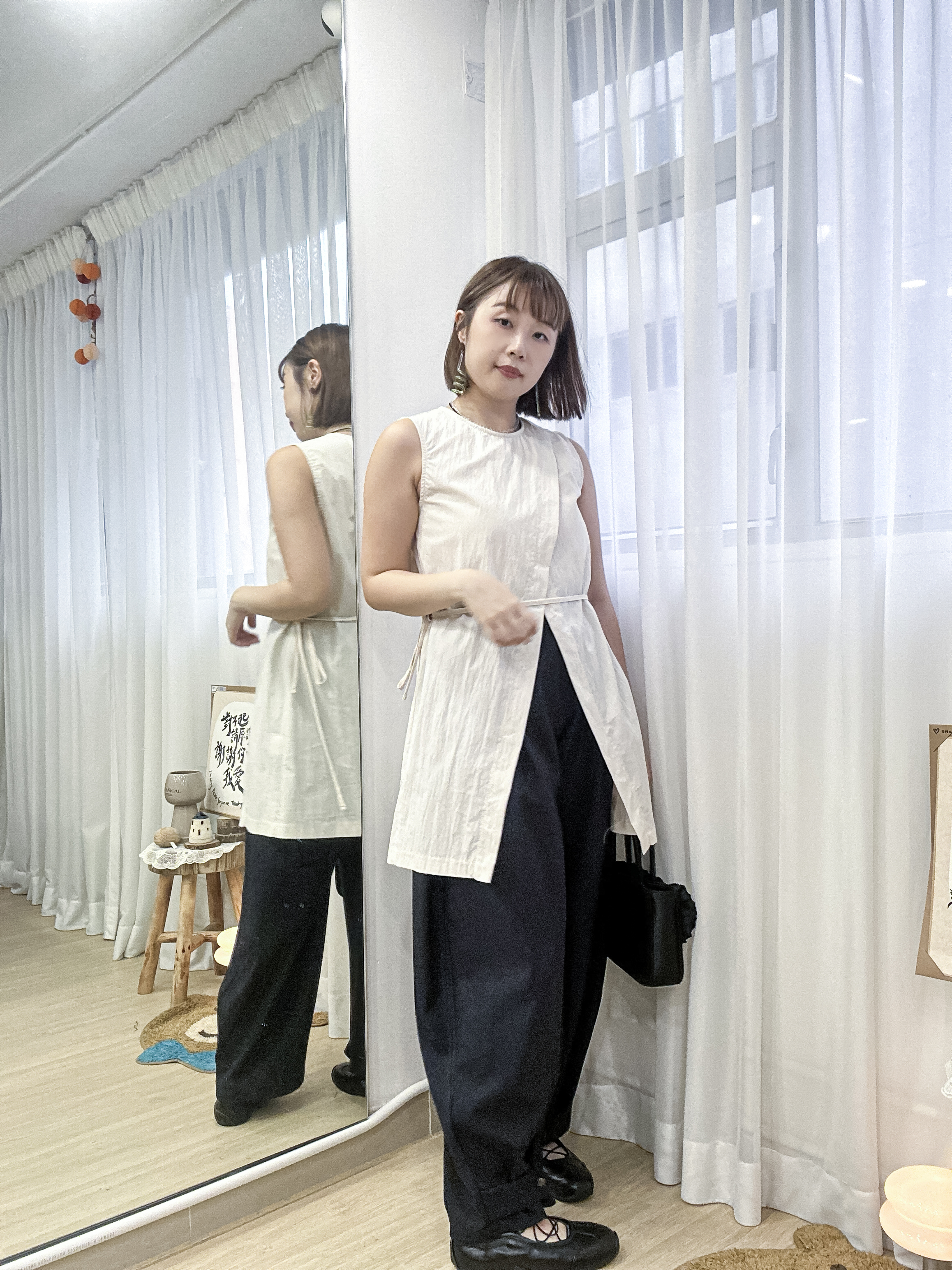 帥氣冷淡風～斜角開襟背心上衣連腰帶 LOL0001 - 杏色 BEIGE