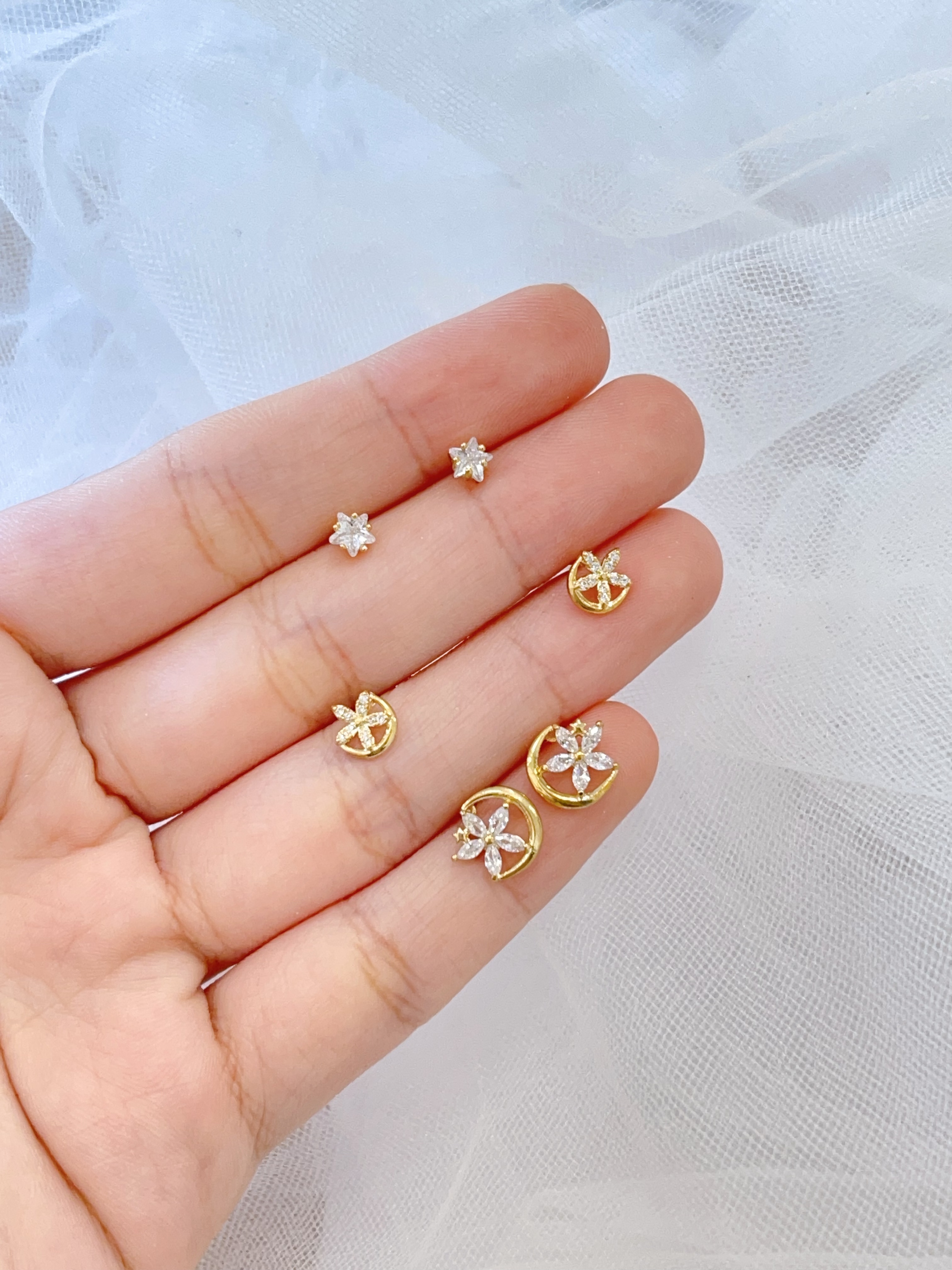 花朵锆石星星半环耳环套装