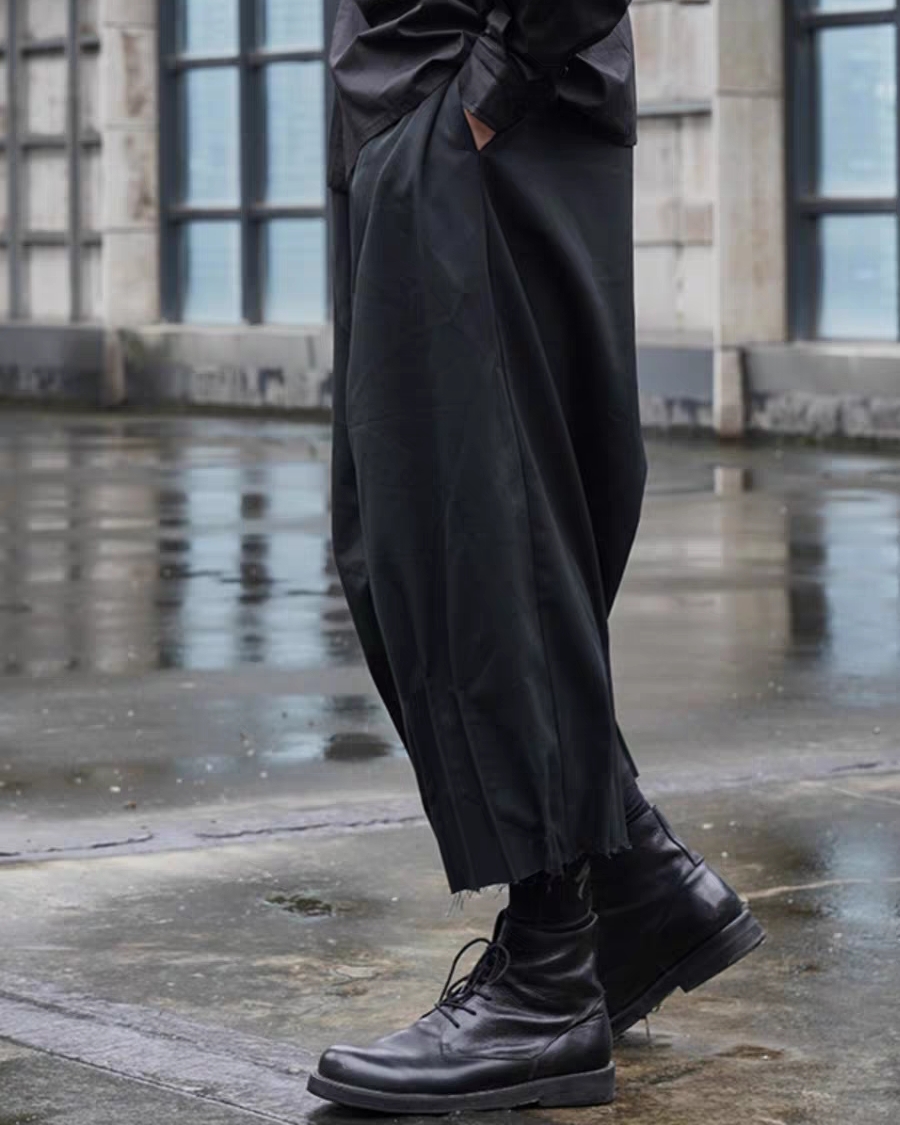 W086暗黑皺摺披邊褲腳9分褲