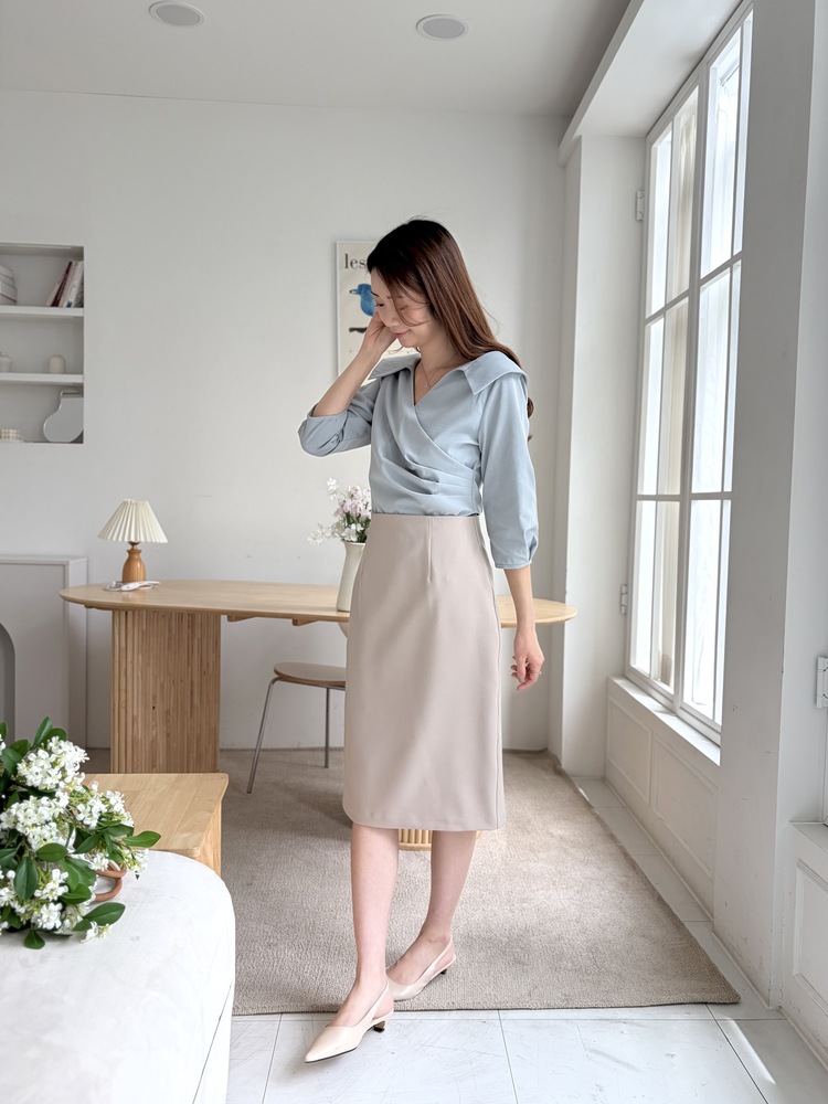 Camelia Wrap Collar Blouse (Blue)