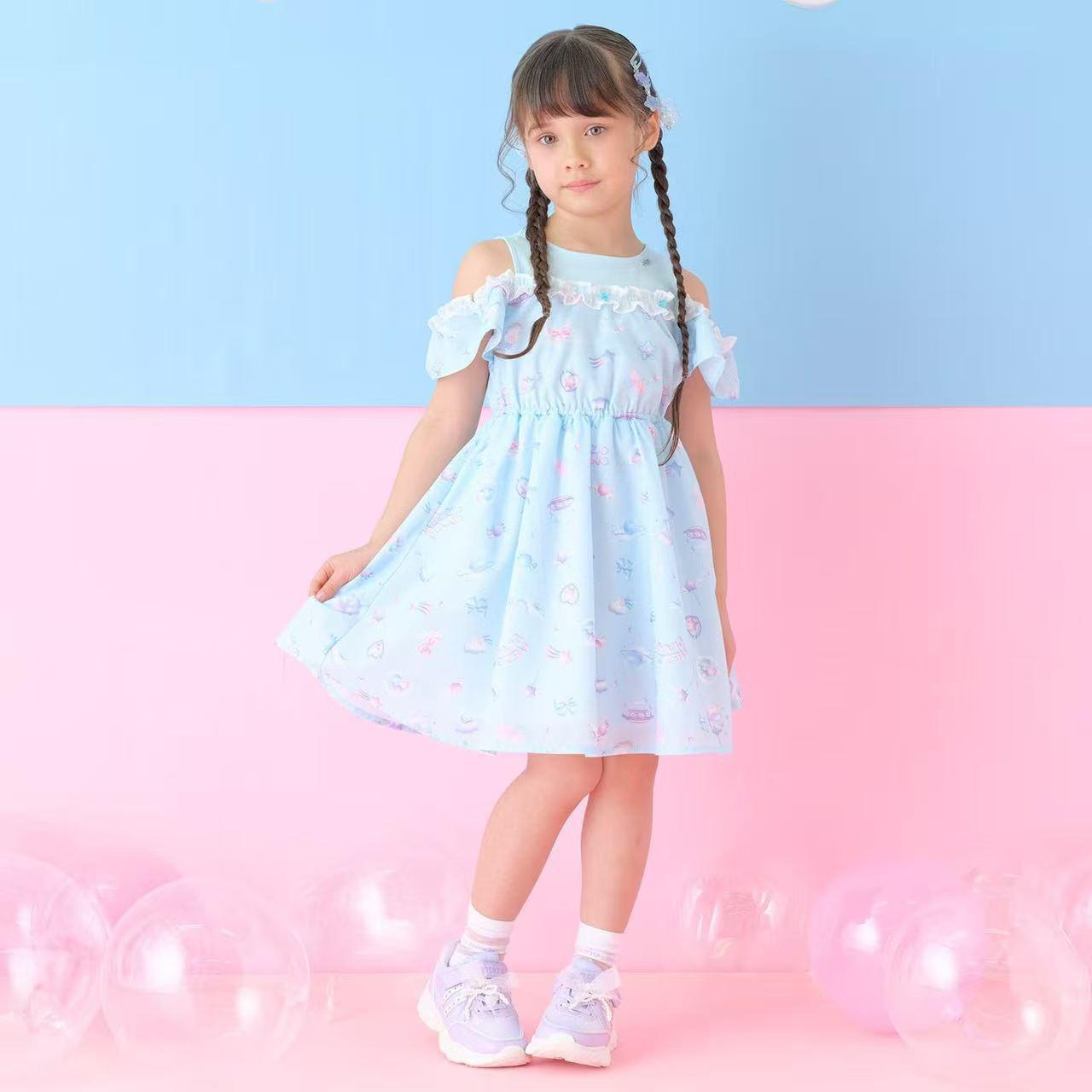 $80件。2件起$70件。女童夢幻印花木耳邊露肩連衣裙