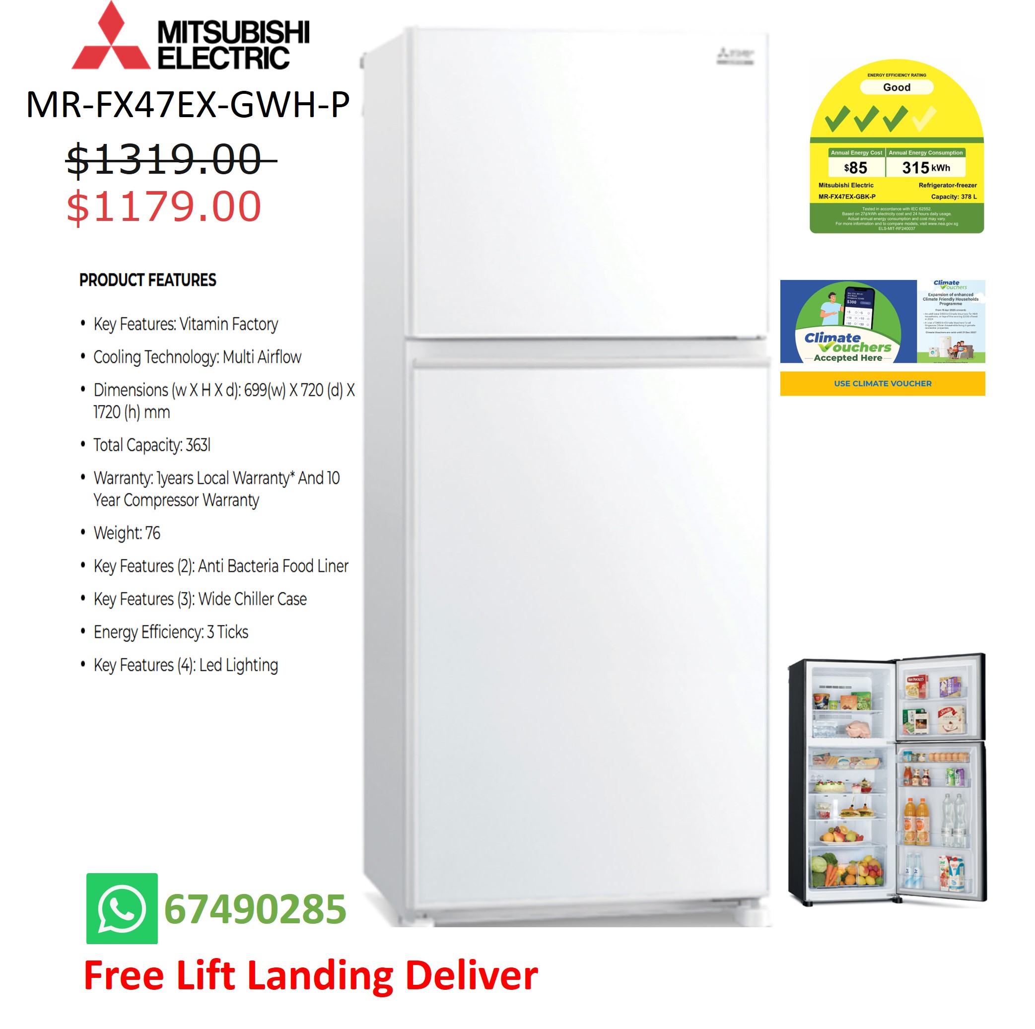 MITSUBISHI MR-FX47EX-GWH-P 2 DOOR REFRIGERATOR (378L) GLASS WHITE