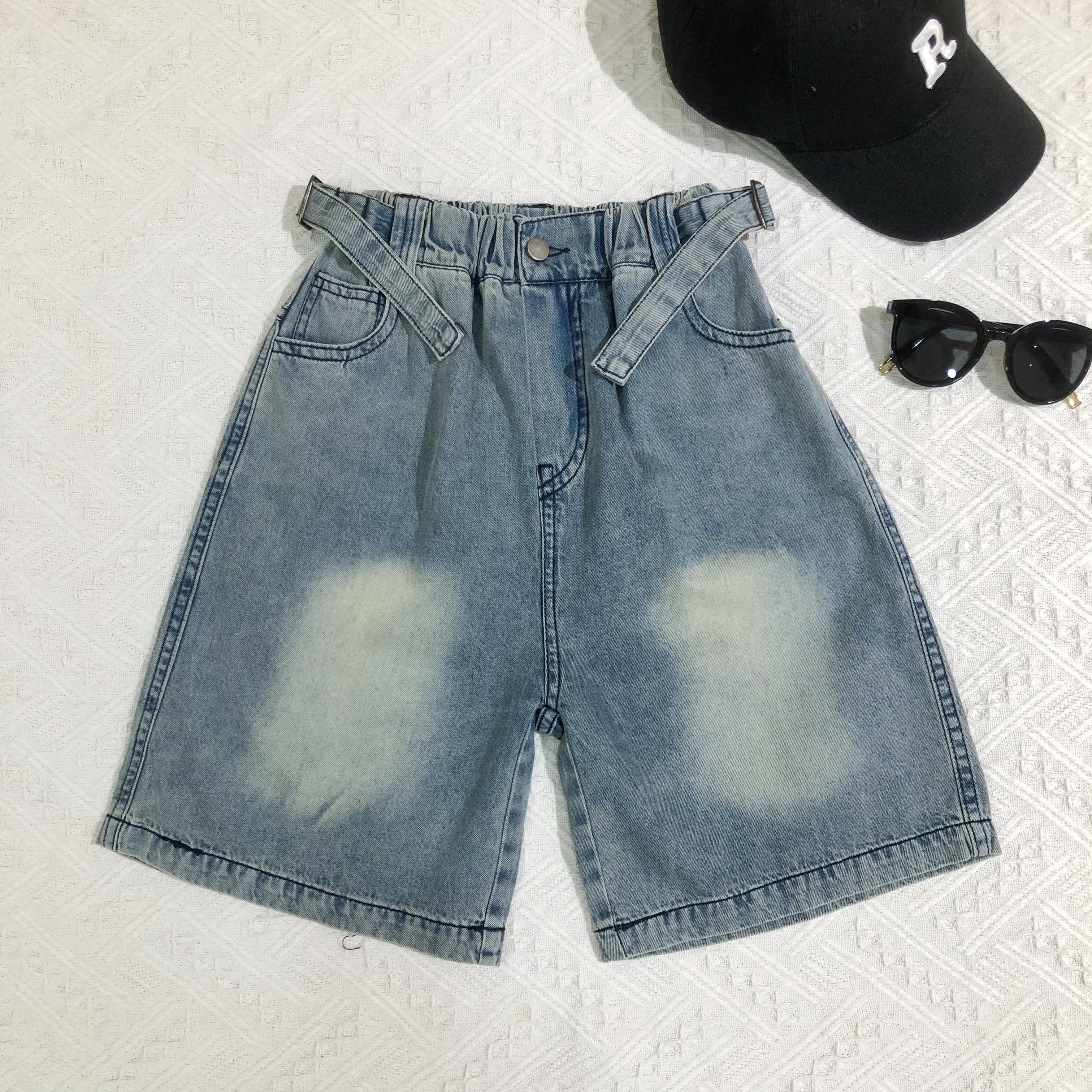 Vintage Wash Denim Shorts with Elastic Waistband  