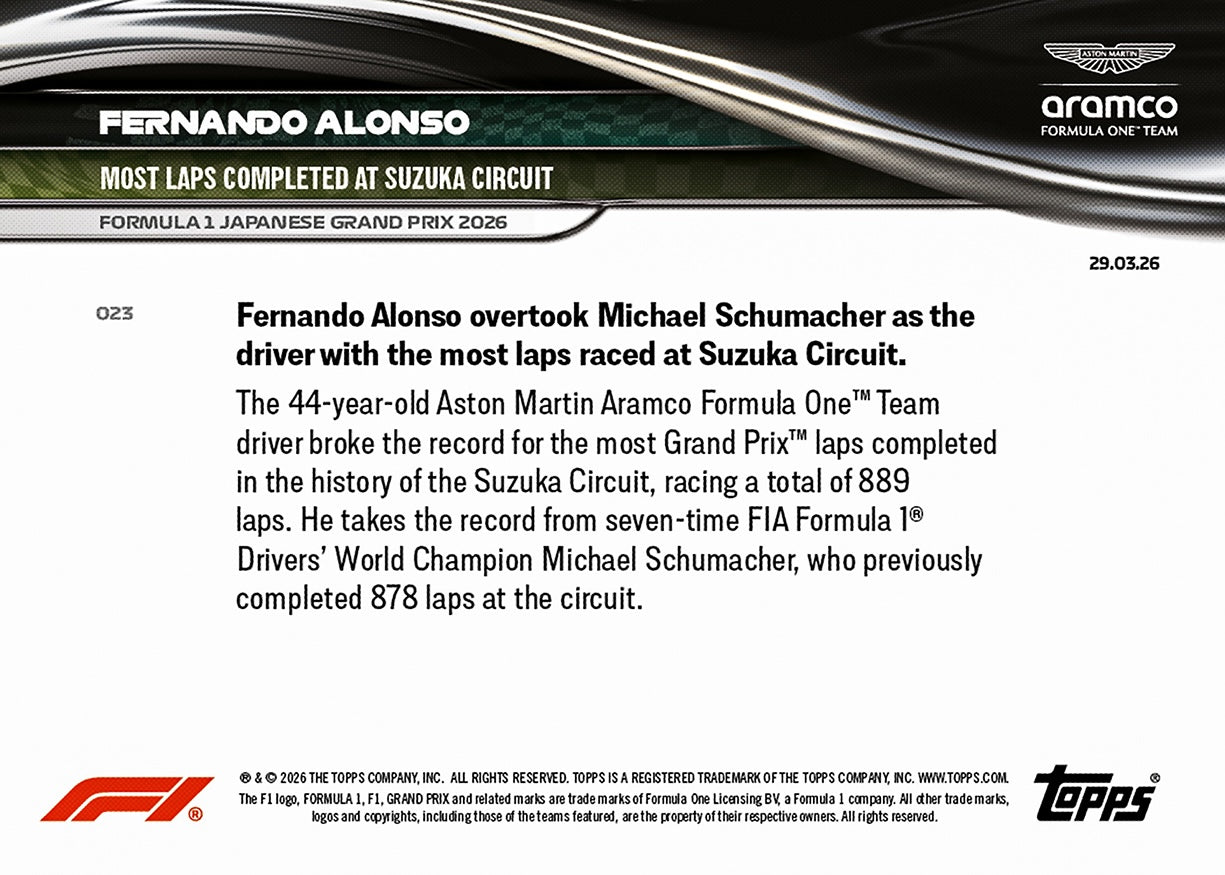Fernando Alonso - 2026 F1 Topps NOW® #23 Japanese GP Suzuka最多圈數紀錄卡｜PR 2,361