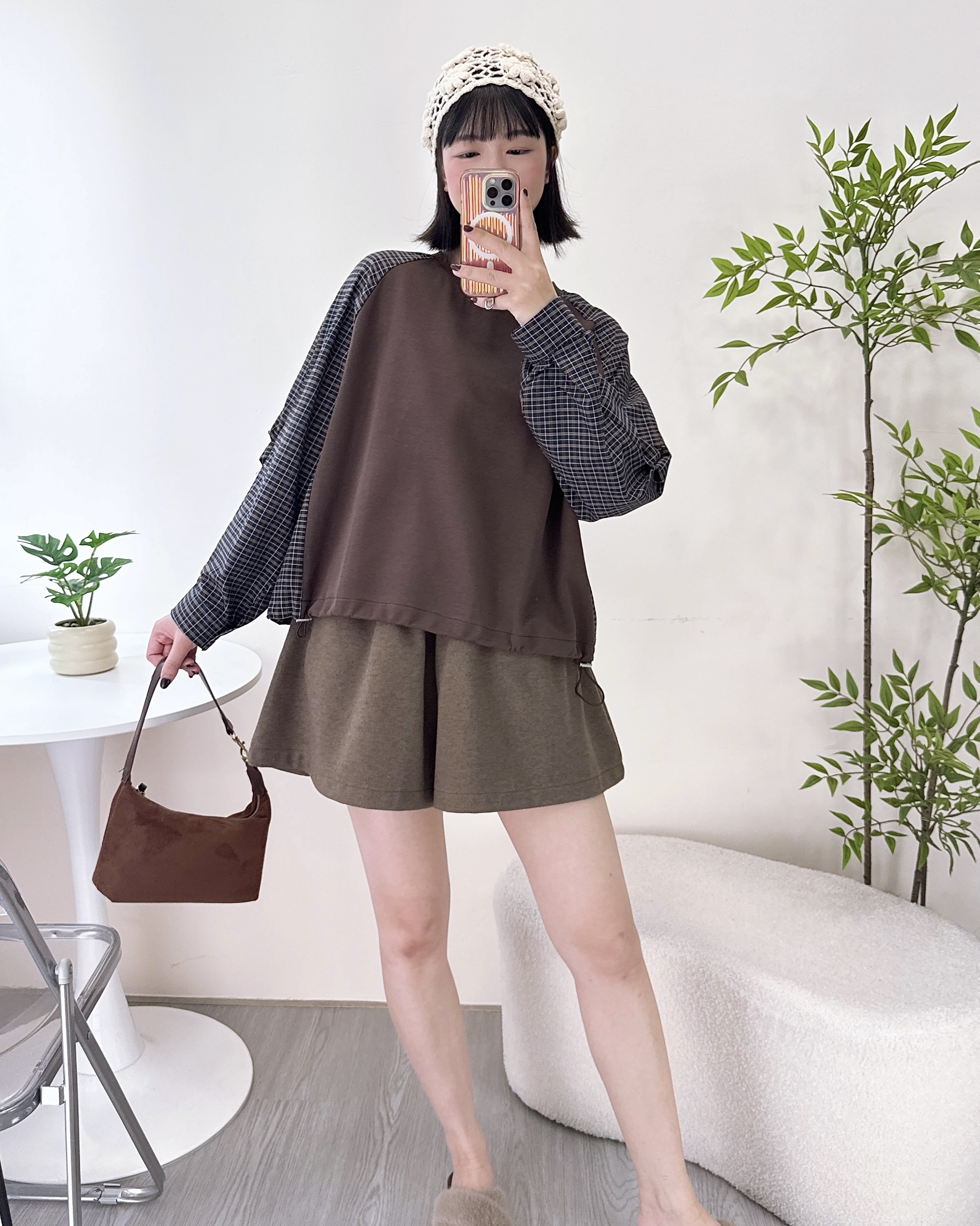 拼寬袖格仔布可索繩上衣 3色